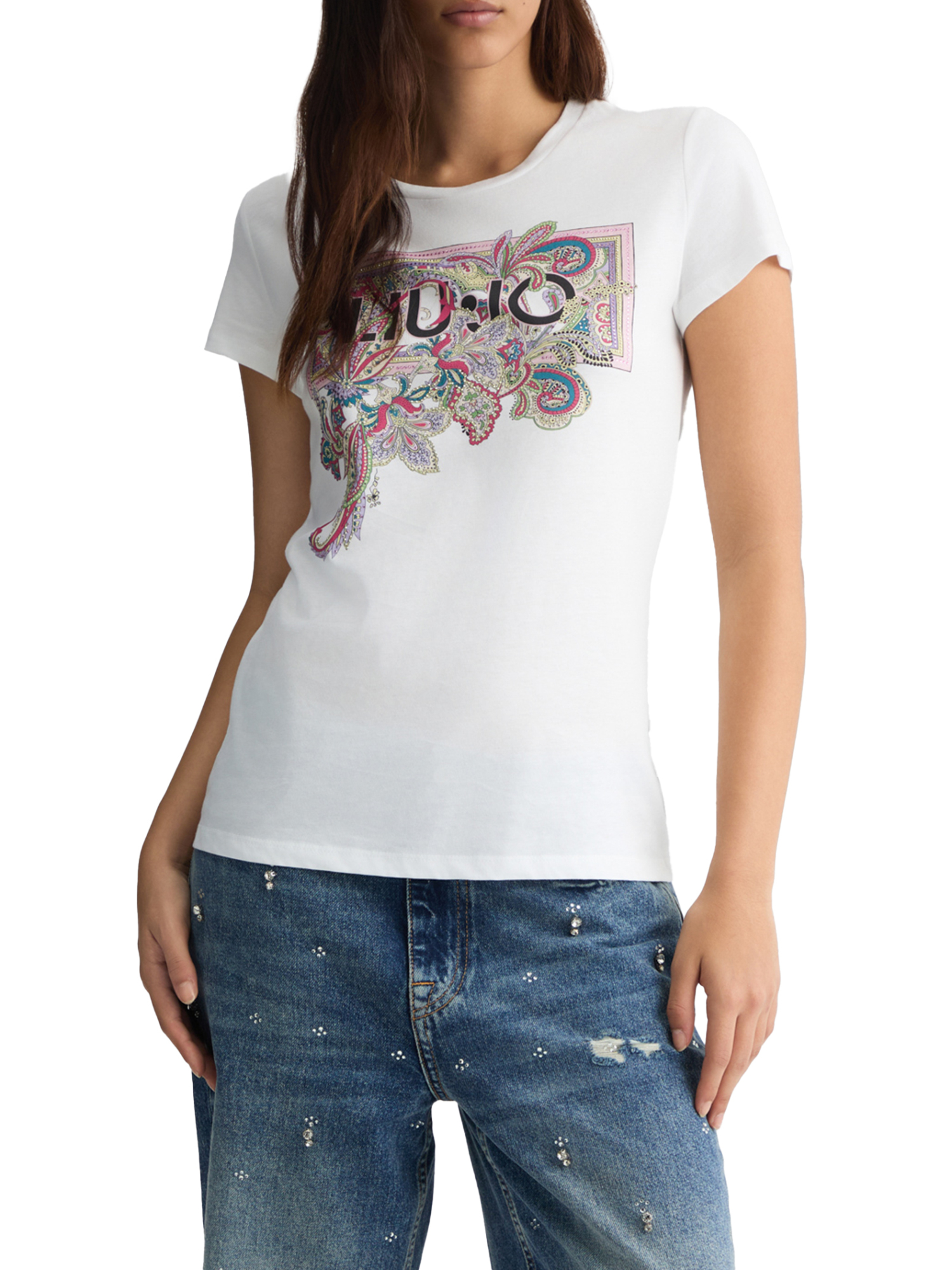 T-SHIRT CON LOGO FLOREALE E STRASS DONNA BIANCO
