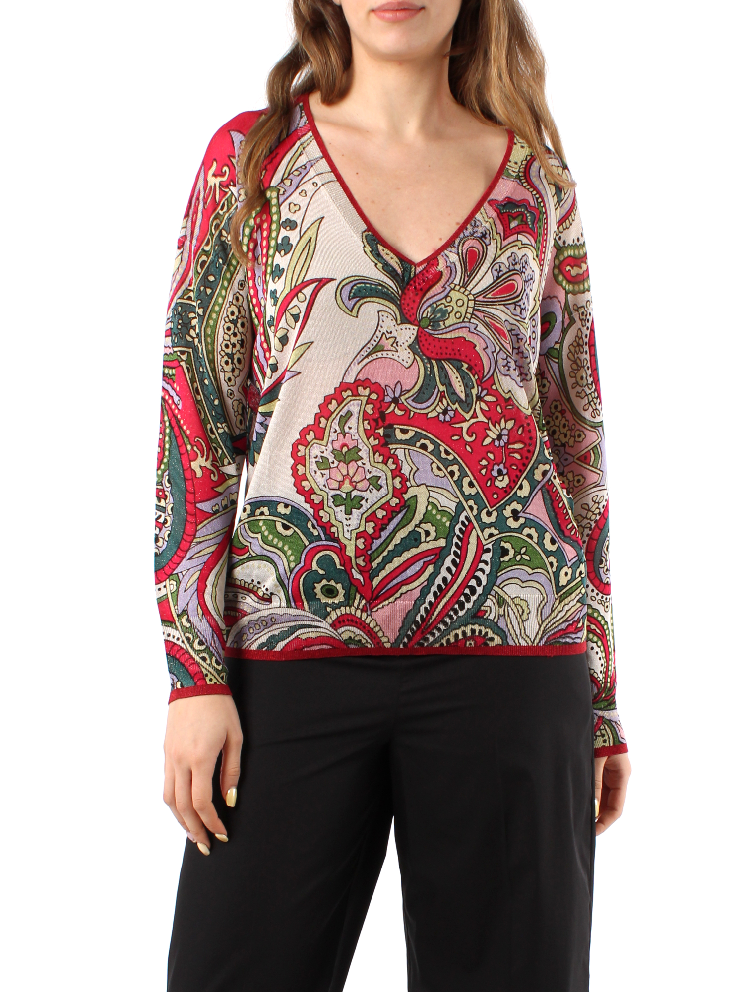MAGLIA CON SCOLLO A V CON STAMPA FOULARD DONNA ROSSO
