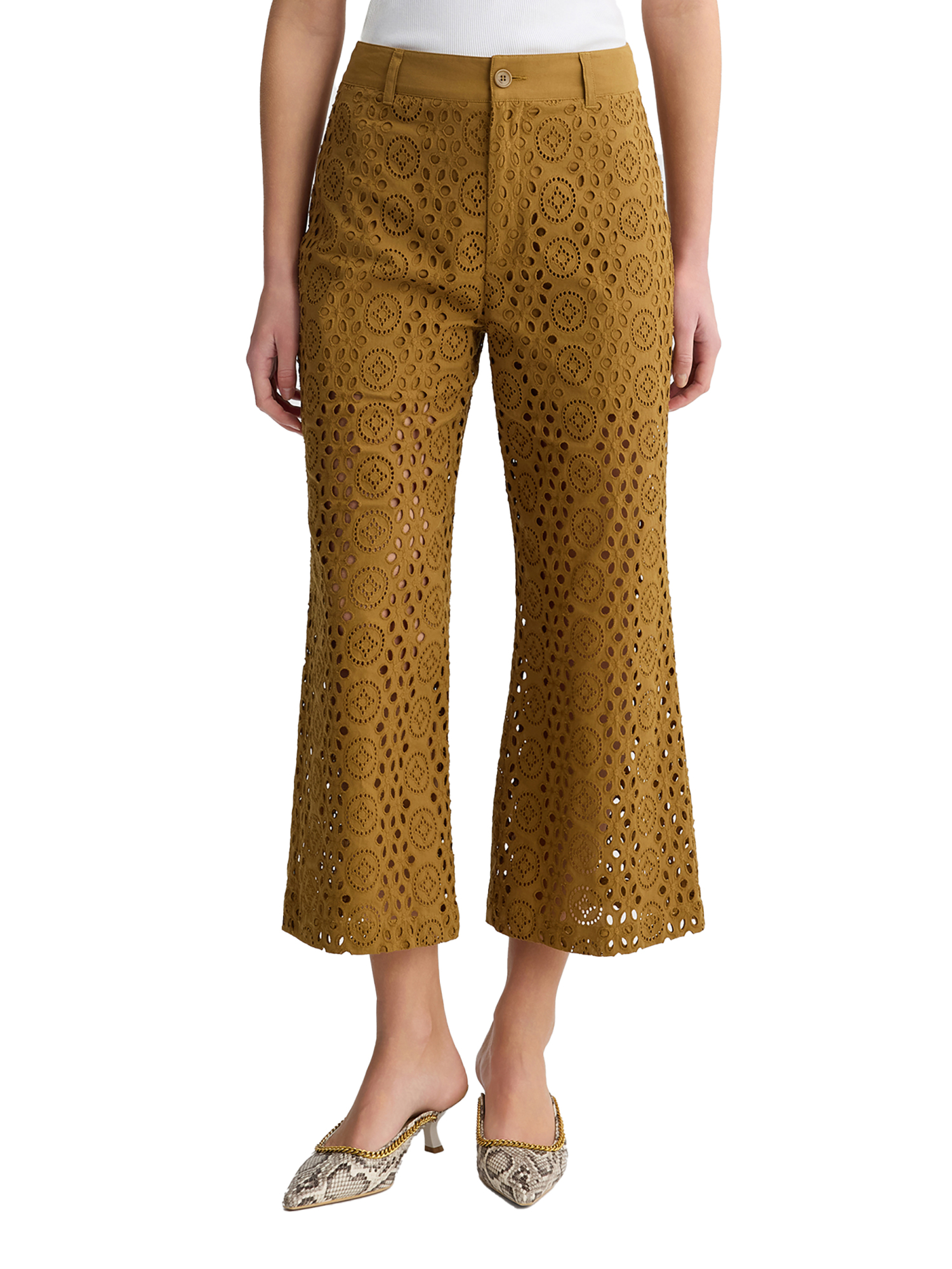 PANTALONI CROPPED CON RICAMI DONNA CARAMELLO