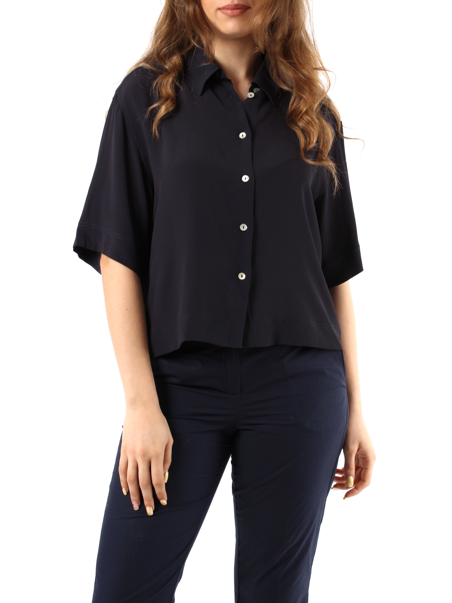 CAMICIA  A MANICHE CORTE IN CRÊPE MISTO SETA DONNA BLU