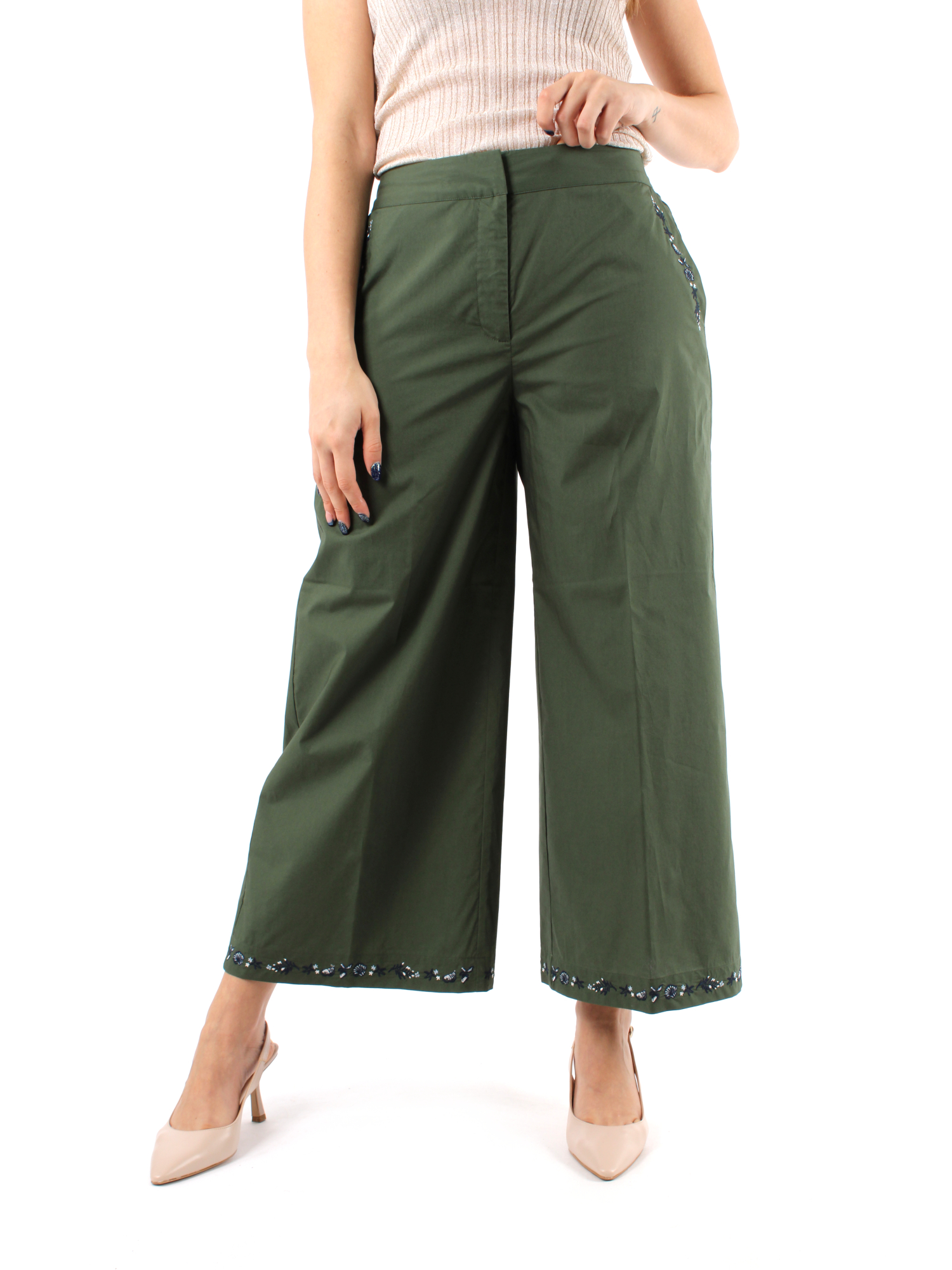 PANTALONI CROPPED A PALAZZO CON RICAMO DONNA VERDE