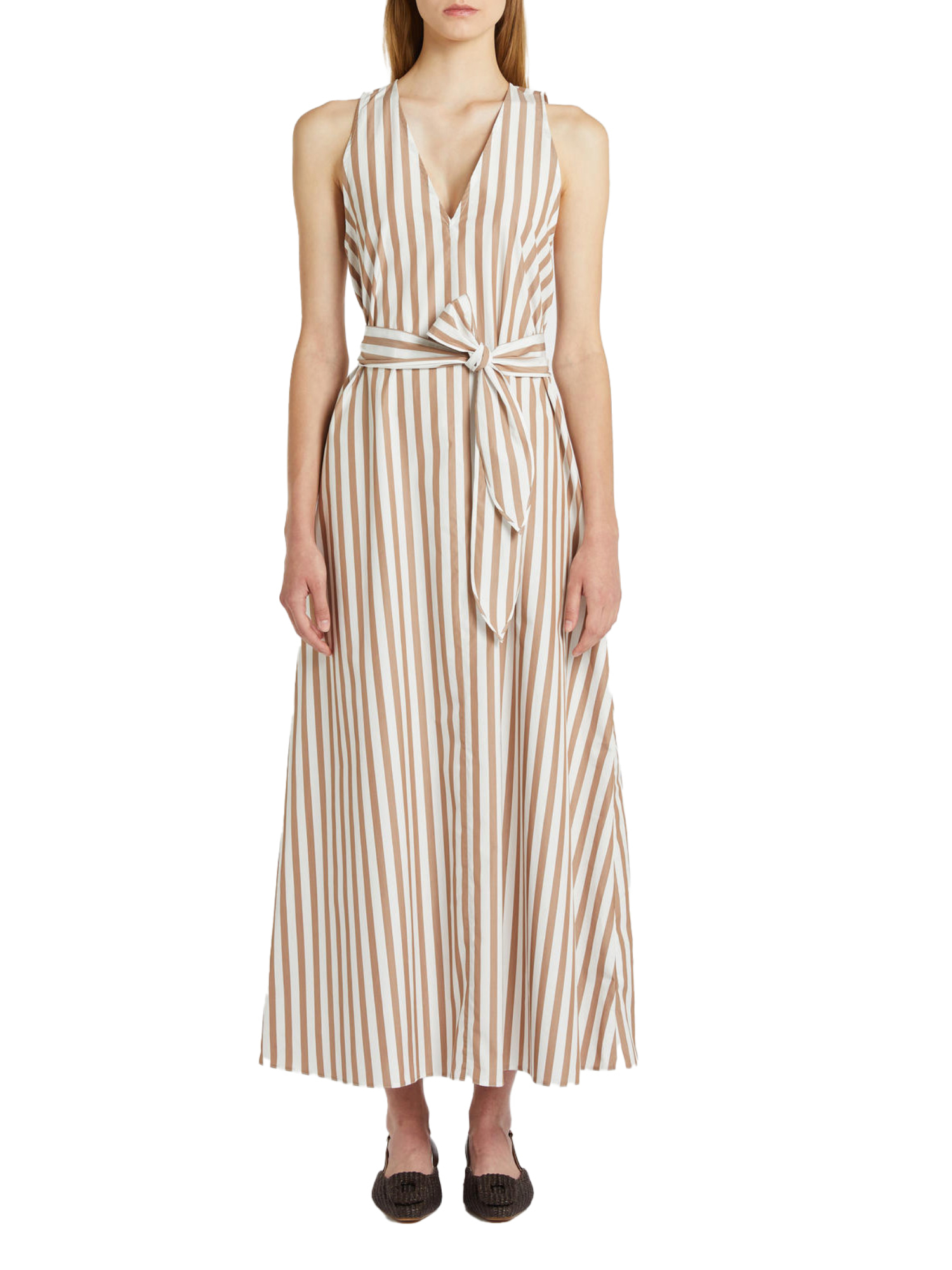 VESTITO LUNGO A RIGHE DONNA BIANCO BEIGE