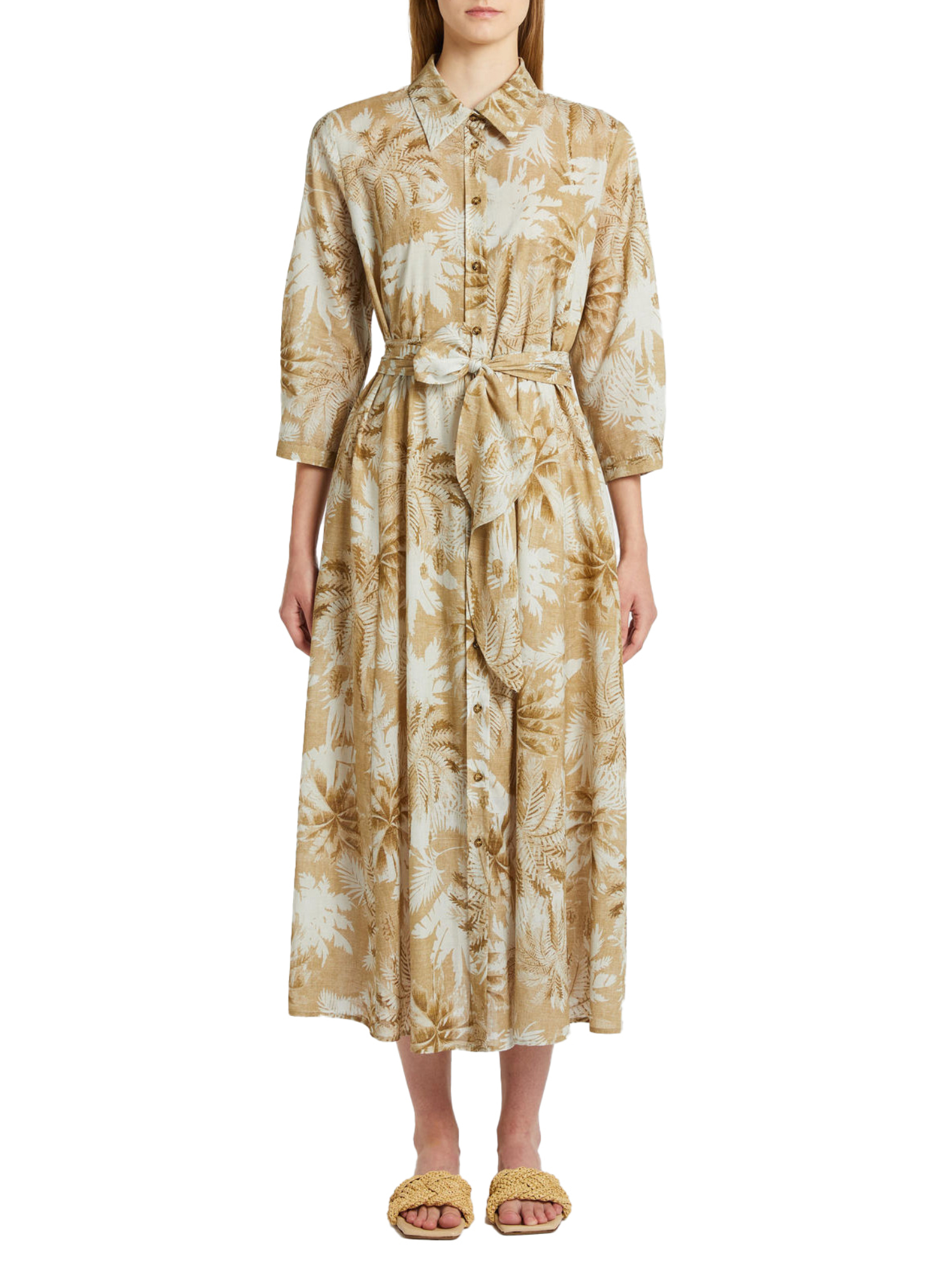 VESTITO CHEMISIER A FANTASIA TROPICALE DONNA BEIGE