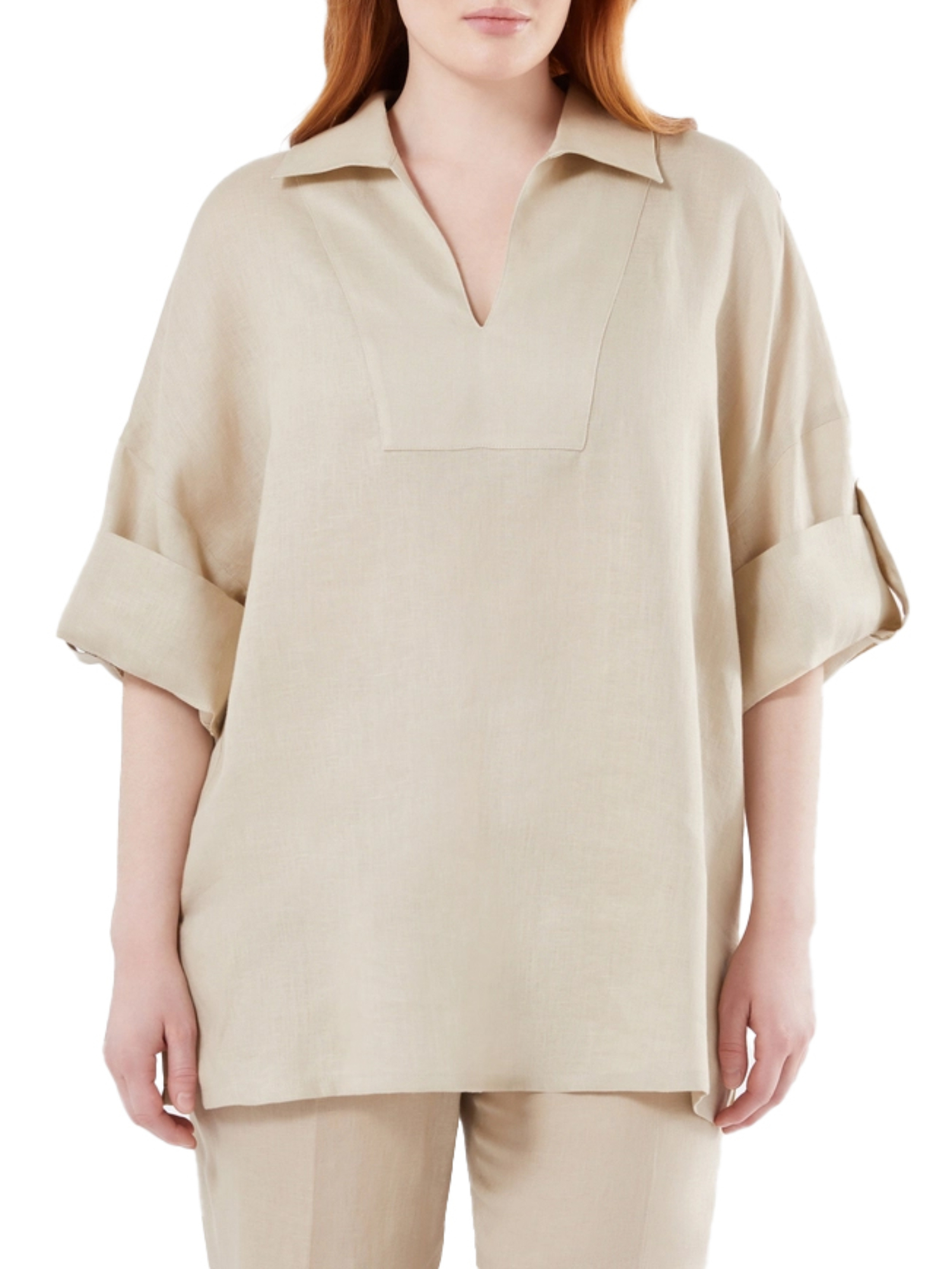 BLUSA CON SCOLLO A V IN PURO LINO DONNA BEIGE