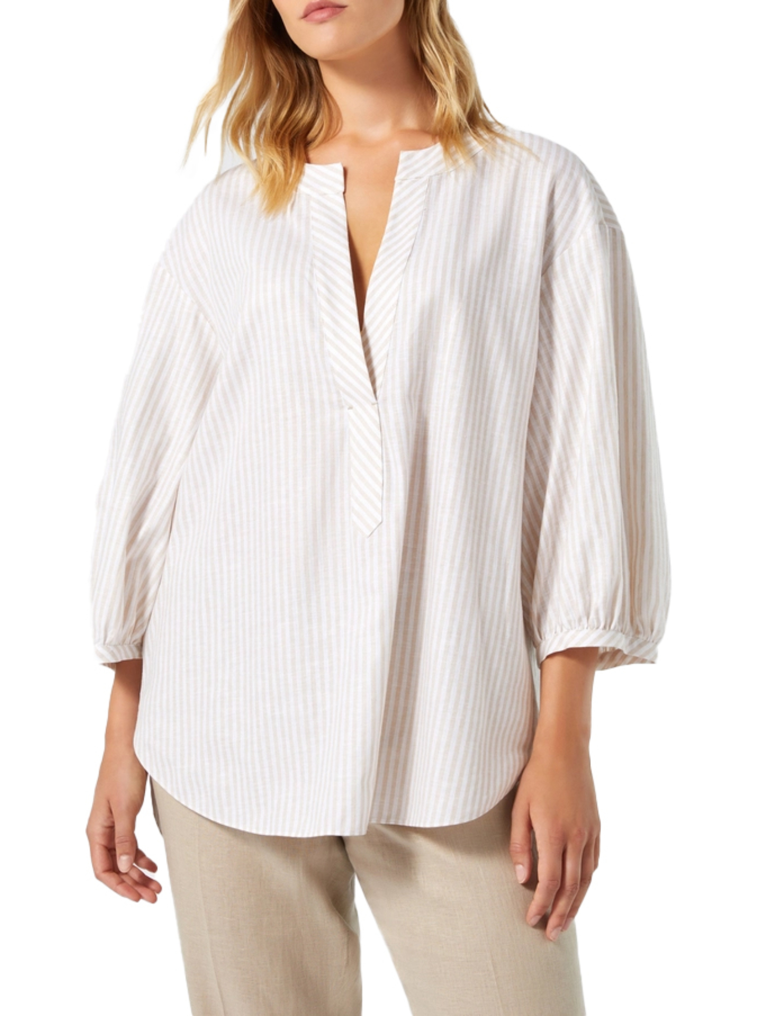 BLUSA IN COTONE E LINO A RIGHE DONNA BIANCO