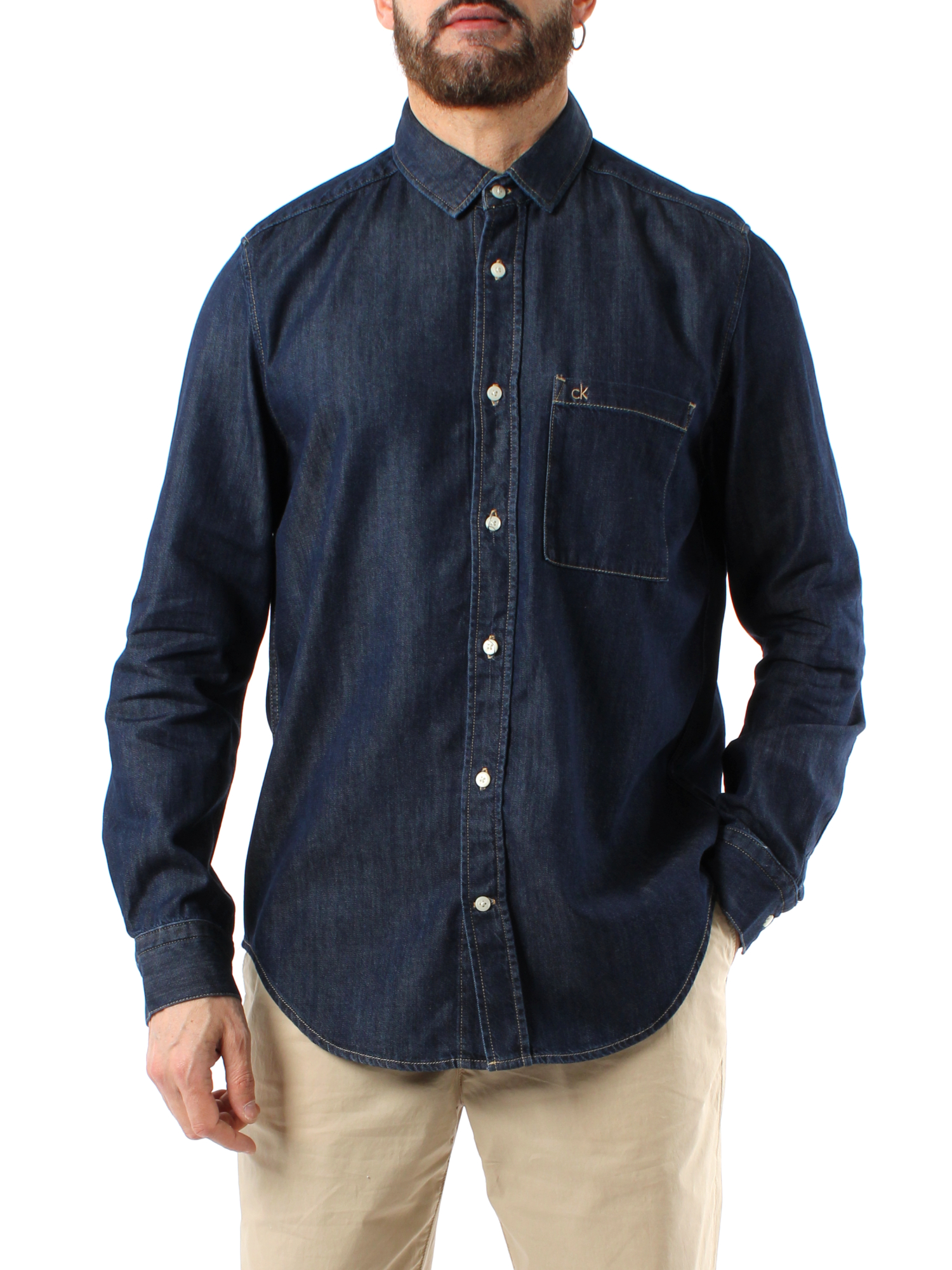 Mat Sartoriale Camicia Di Jeans Uomo Denim Chiara Slim Fit Con Colletto Alla Coreana (s - Foto 3