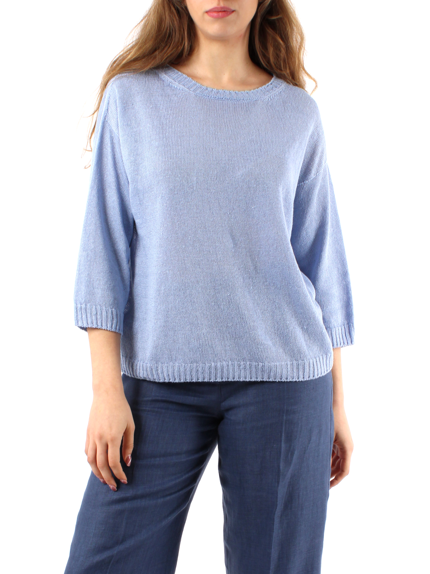 MAGLIA CON SCOLLO A BARCA IN FILATO PURO LINO DONNA CELESTE