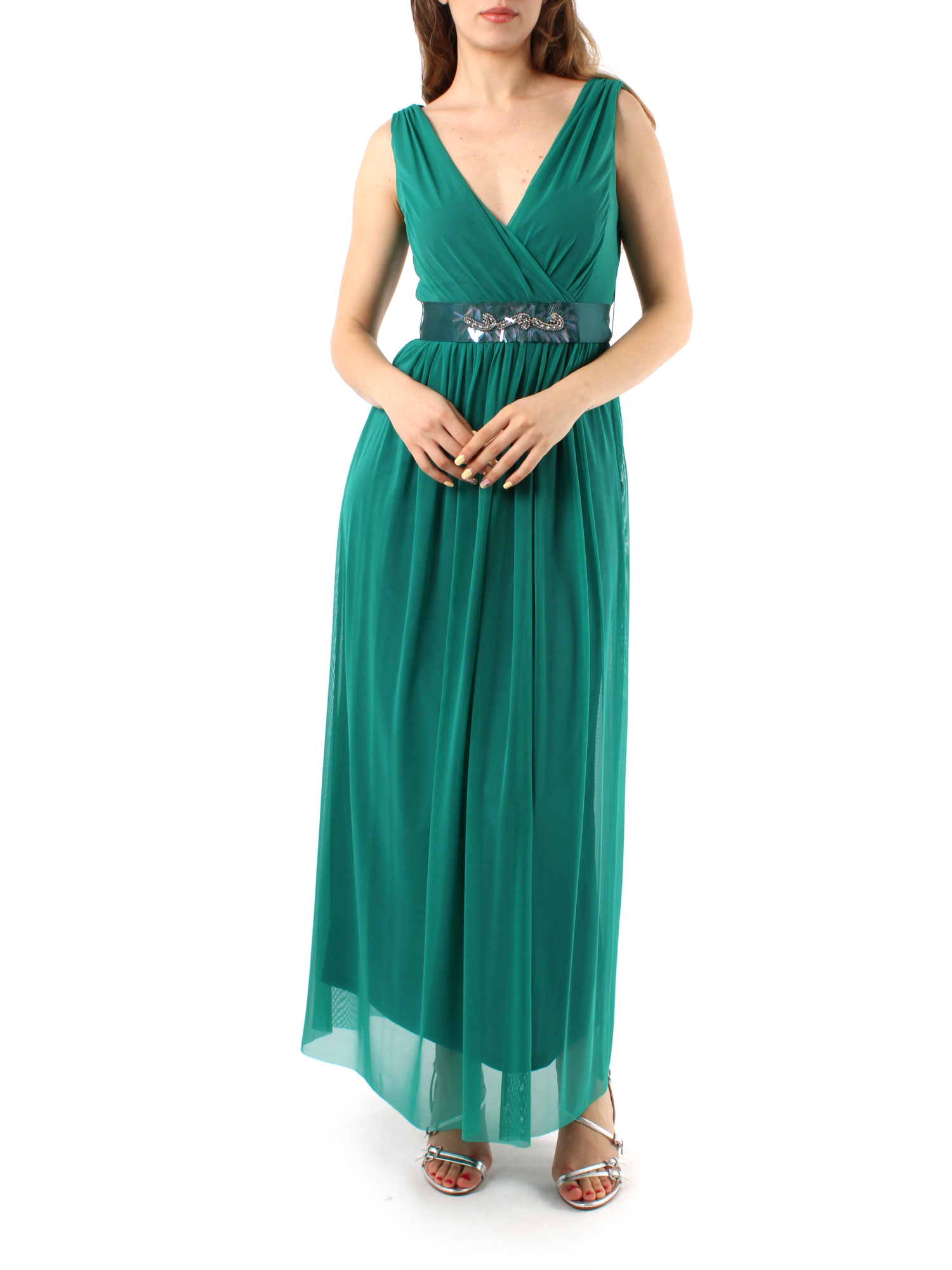 VESTITO LUNGO IN TULLE CON CINTURA RICAMATA DONNA VERDE