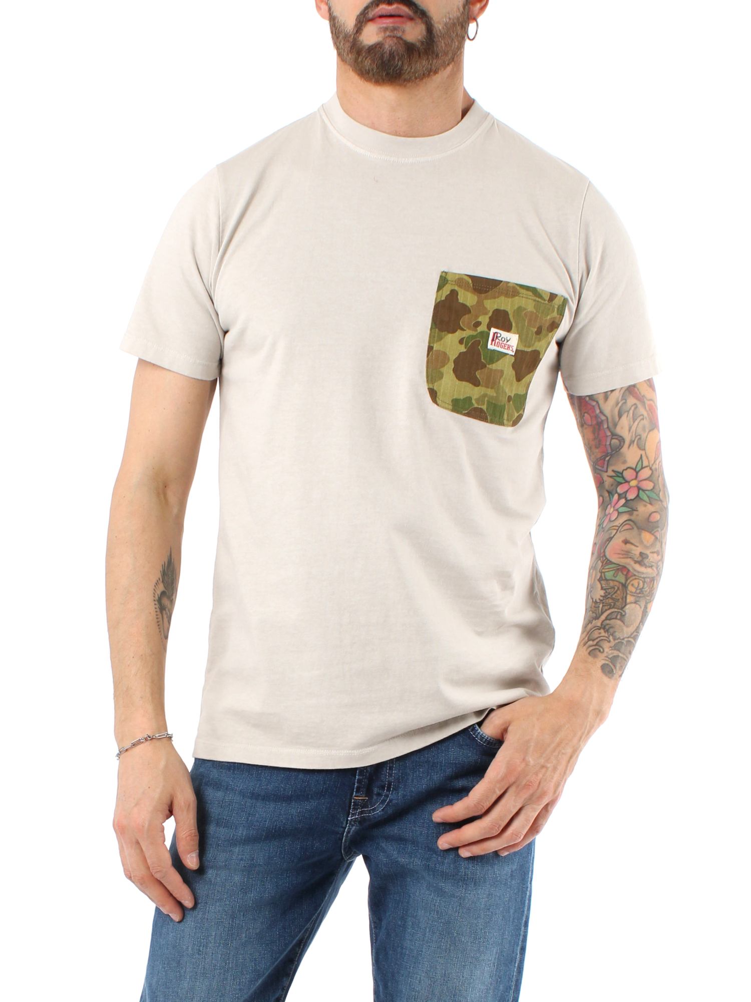 T-SHIRT MANICHE CORTE CON TASCHINO MILITARE UOMO BEIGE
