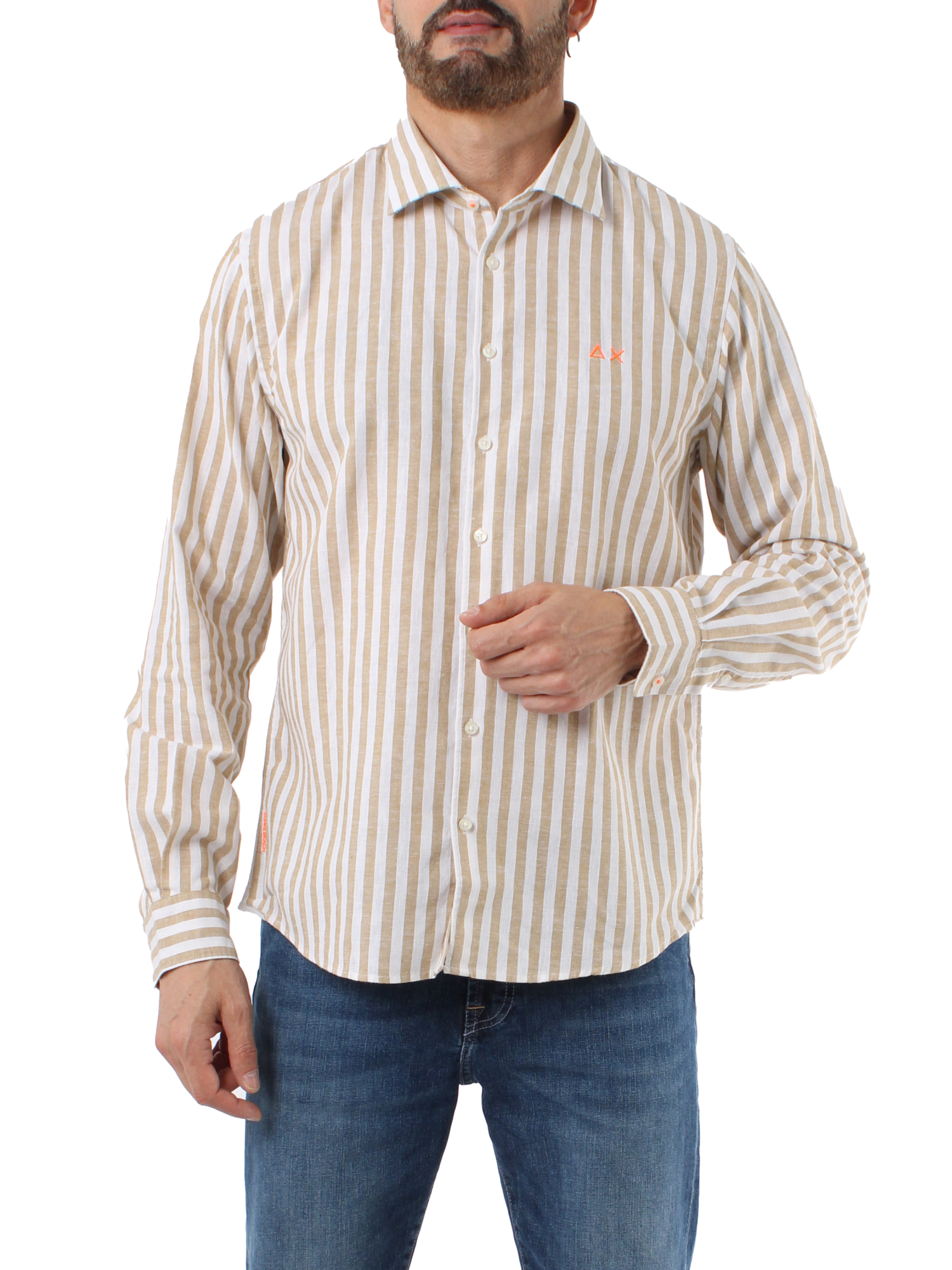 CAMICIA CASUAL A RIGHE IN MISTO LINO UOMO BIANCO BEIGE