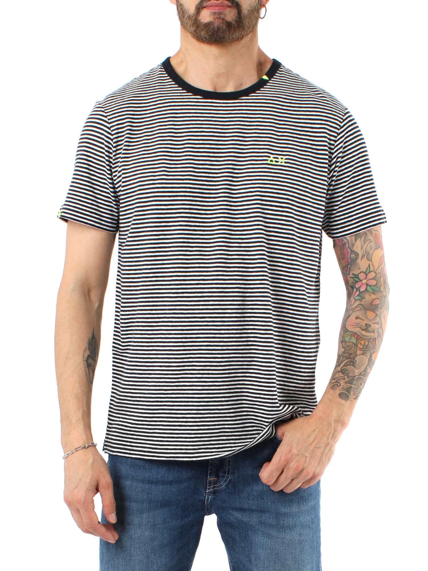 T-SHIRT A RIGHE IN LINO E COTONE UOMO BLU NAVY E PANNA