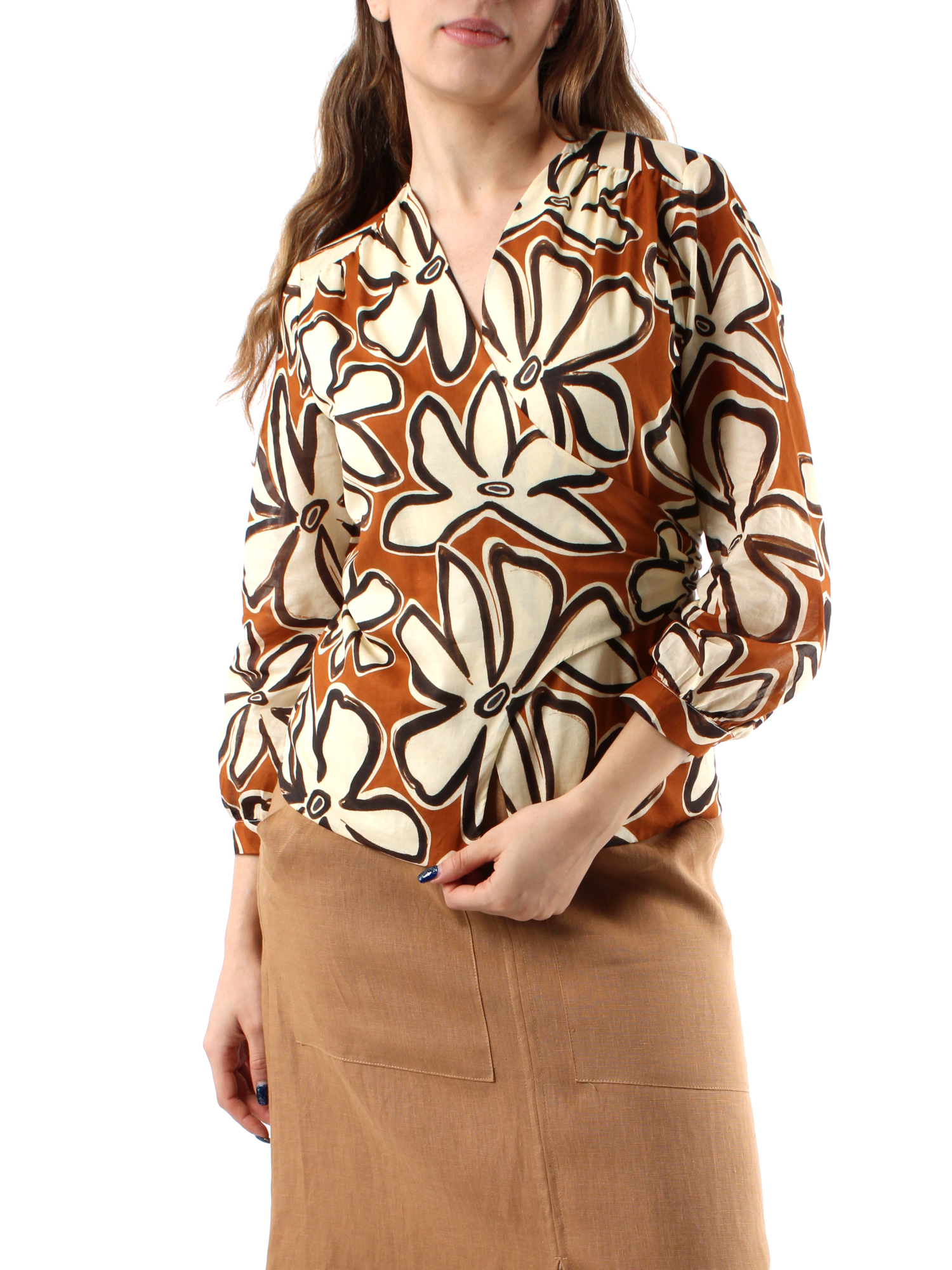 BLUSA A INCROCIO A FANTASIA DONNA ROSSO MATTONE