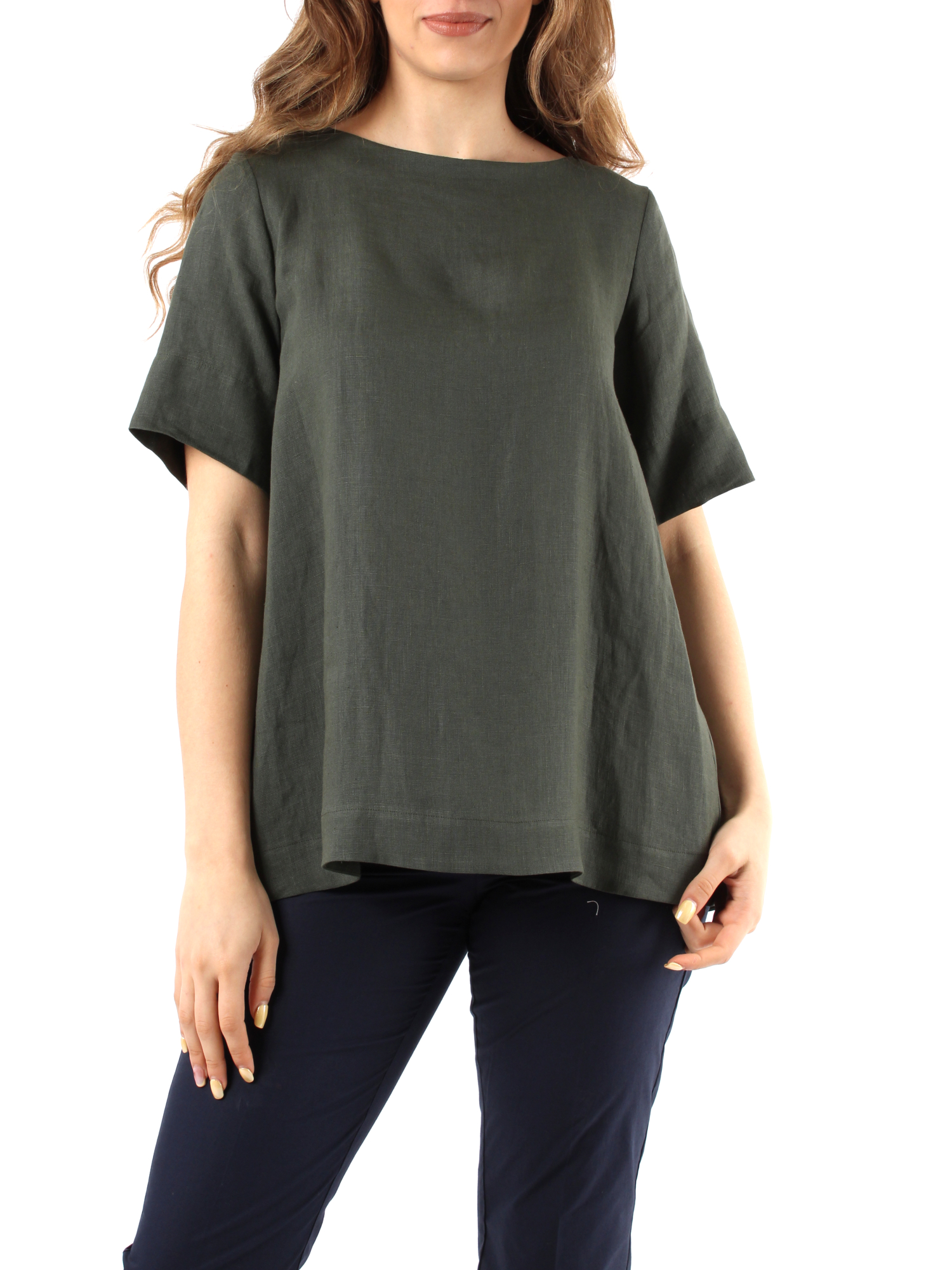 BLUSA MANICA CORTA IN PURO LINO DONNA VERDE