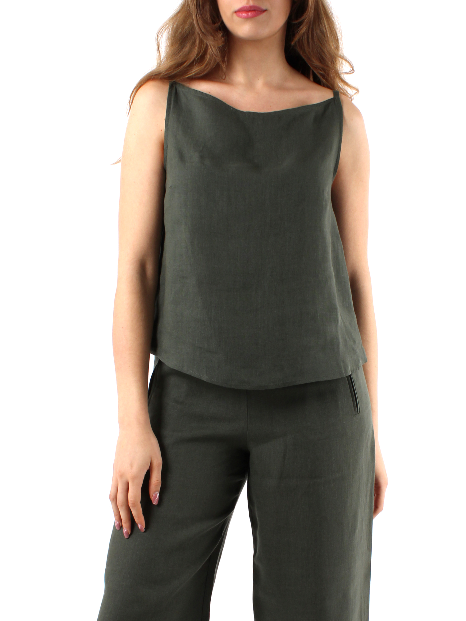 TOP IN PURO LINO CON SCOLLO A BARCA DONNA VERDE