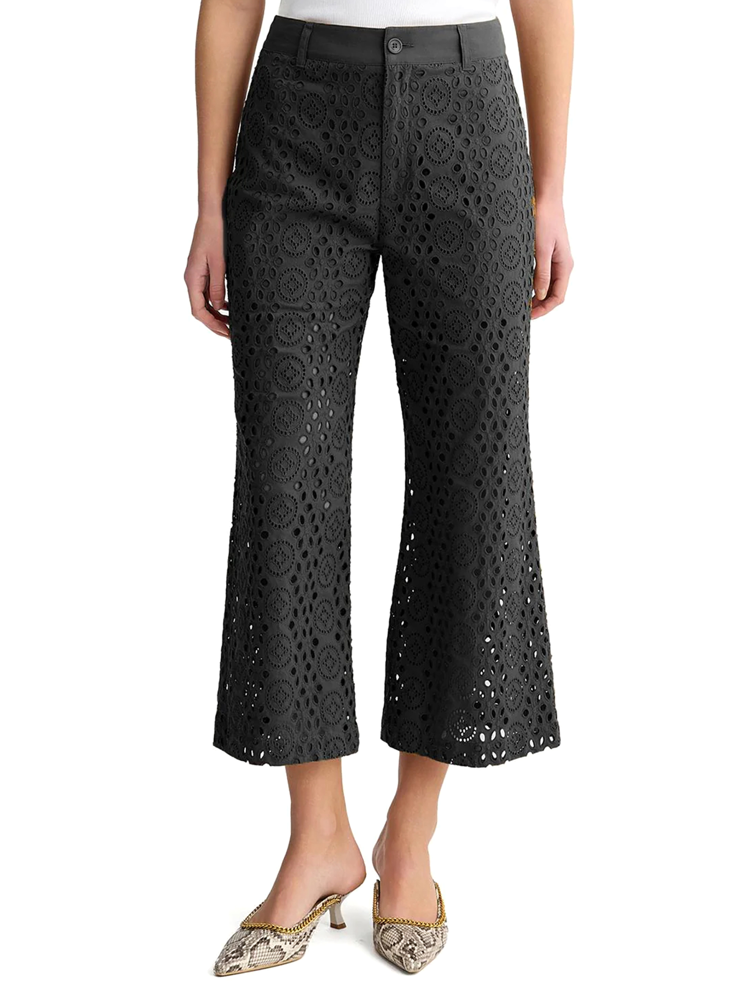 PANTALONI CROPPED CON RICAMO SANGALLO DONNA NERO