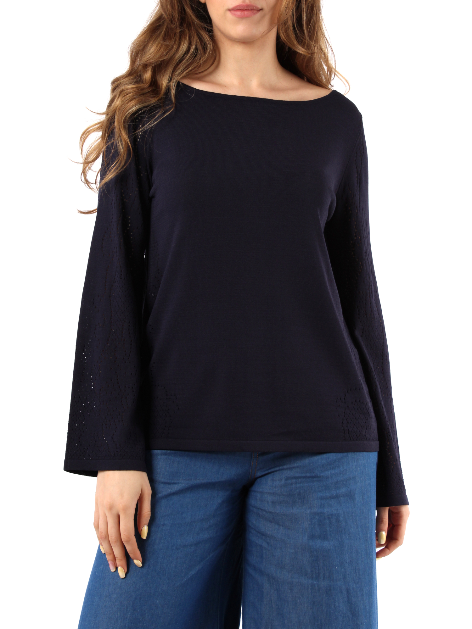 MAGLIA SCOLLO A BARCA CON MOTIVO TRAFORATO DONNA BLU NAVY