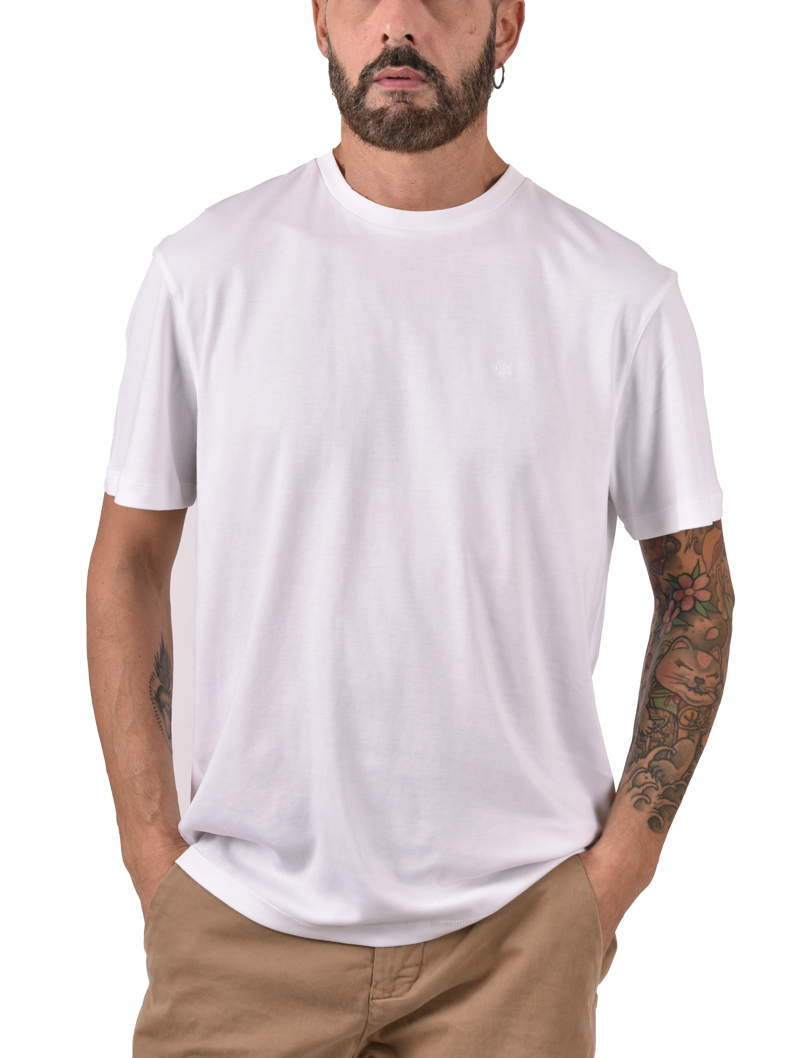 T-SHIRT MANICA CORTA CON LOGO RICAMATO A CONTRASTO UOMO BIANCO