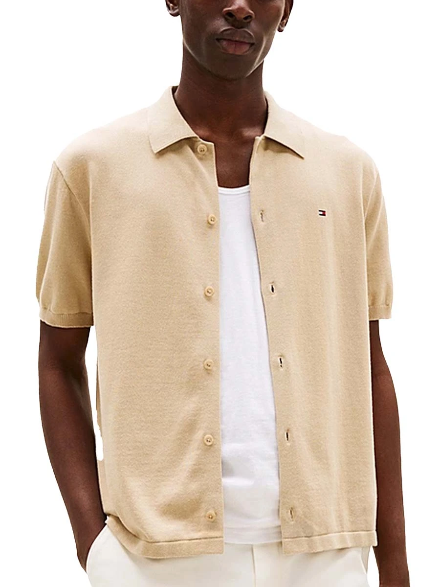 CAMICIA MANICA CORTA CON LOGO RICAMATO SUL PETTO UOMO BEIGE