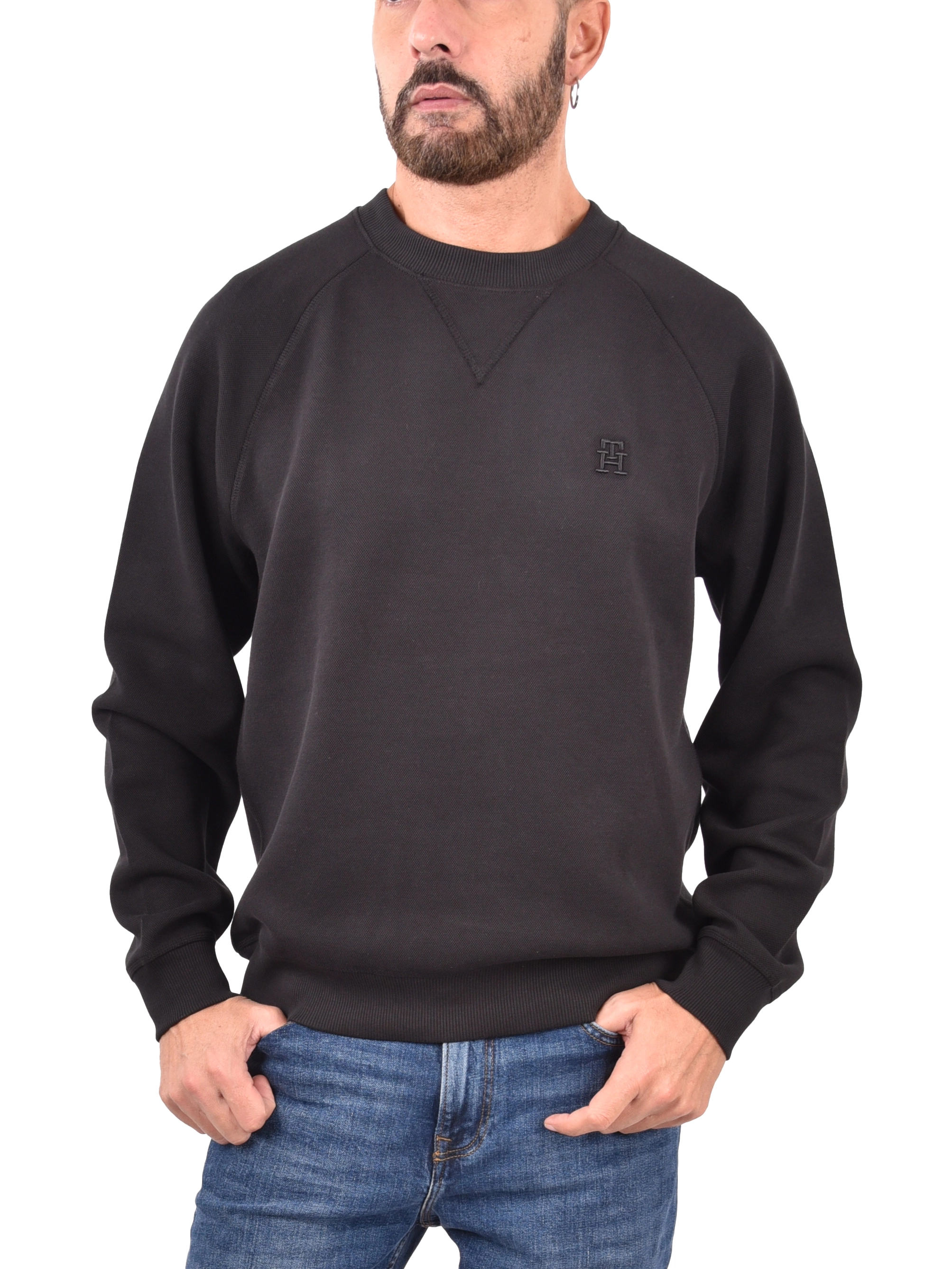 FELPA GIROCOLLO CON LOGO RICAMATO UOMO NERO