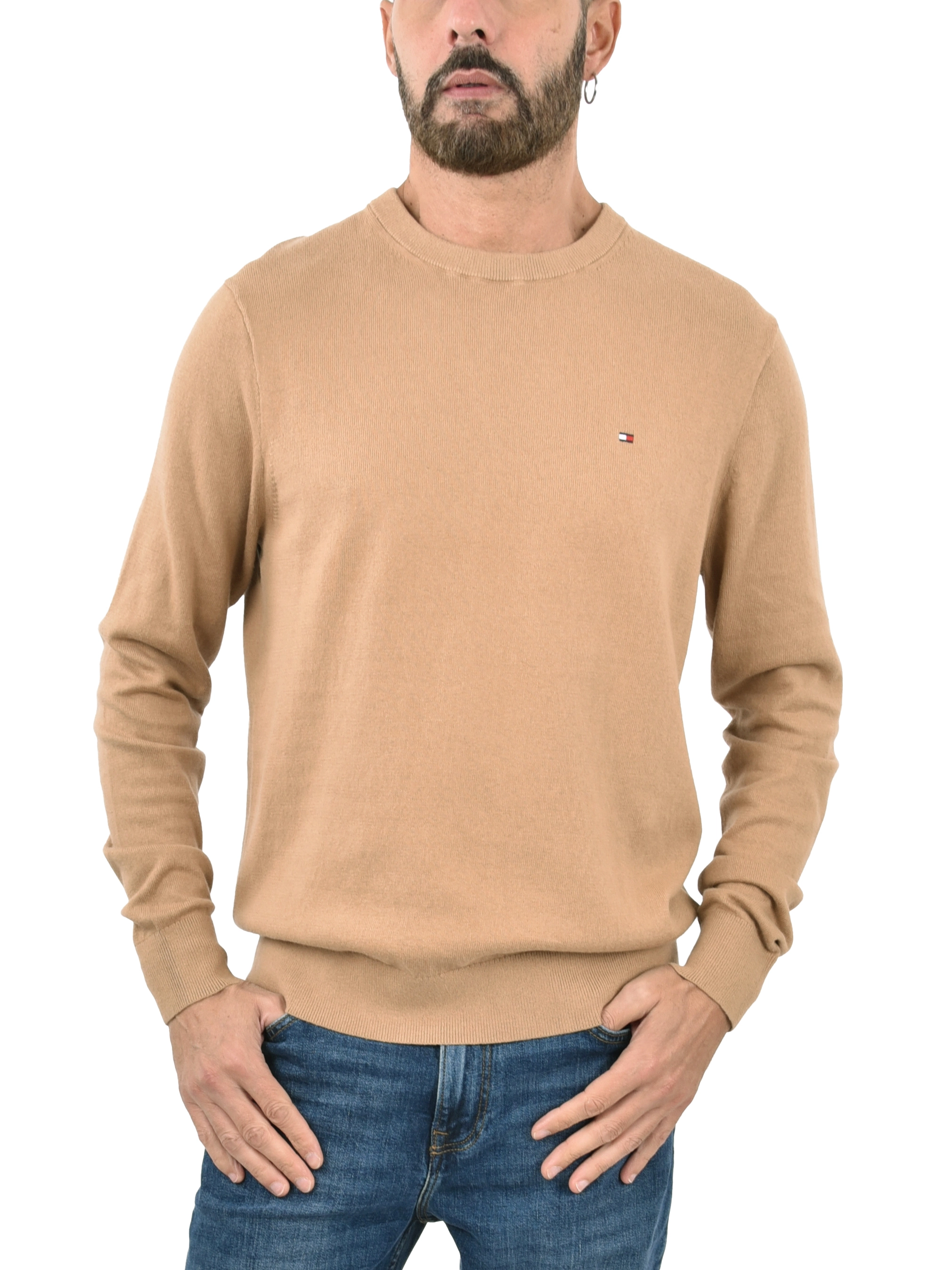 MAGLIA GIROCOLLO CON RICAMO E BORDI A COSTINE UOMO MARRONE CHIARO