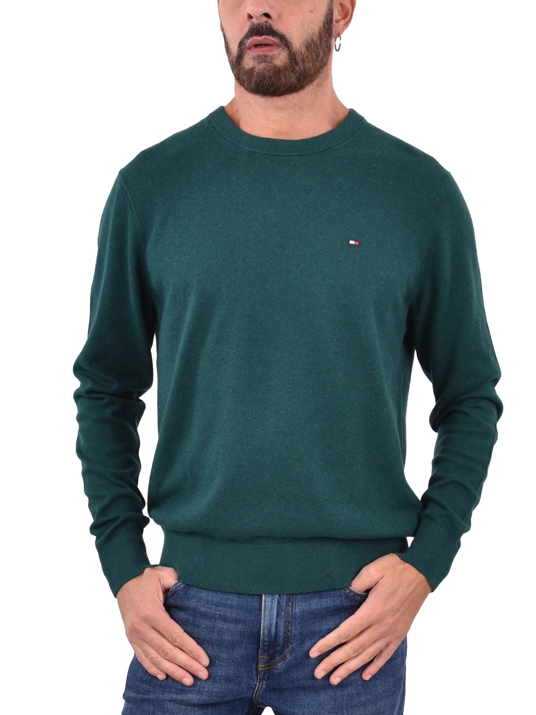 MAGLIA GIROCOLLO CON RICAMO E BORDI A COSTINE UOMO VERDE SCURO