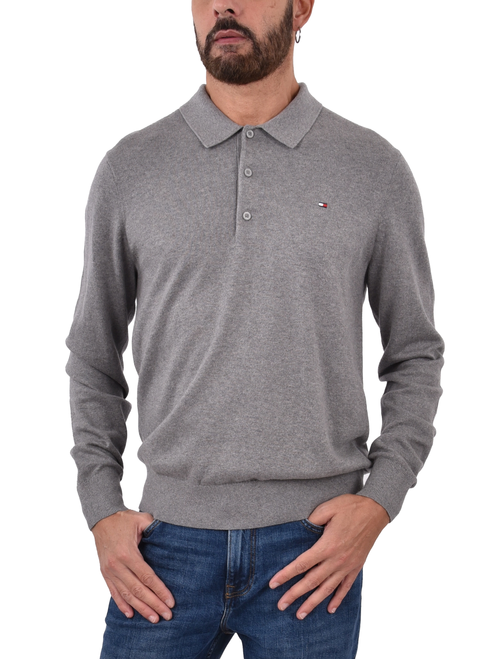 POLO A MANICA LUNGA IN COTONE E CASHMERE UOMO GRIGIO