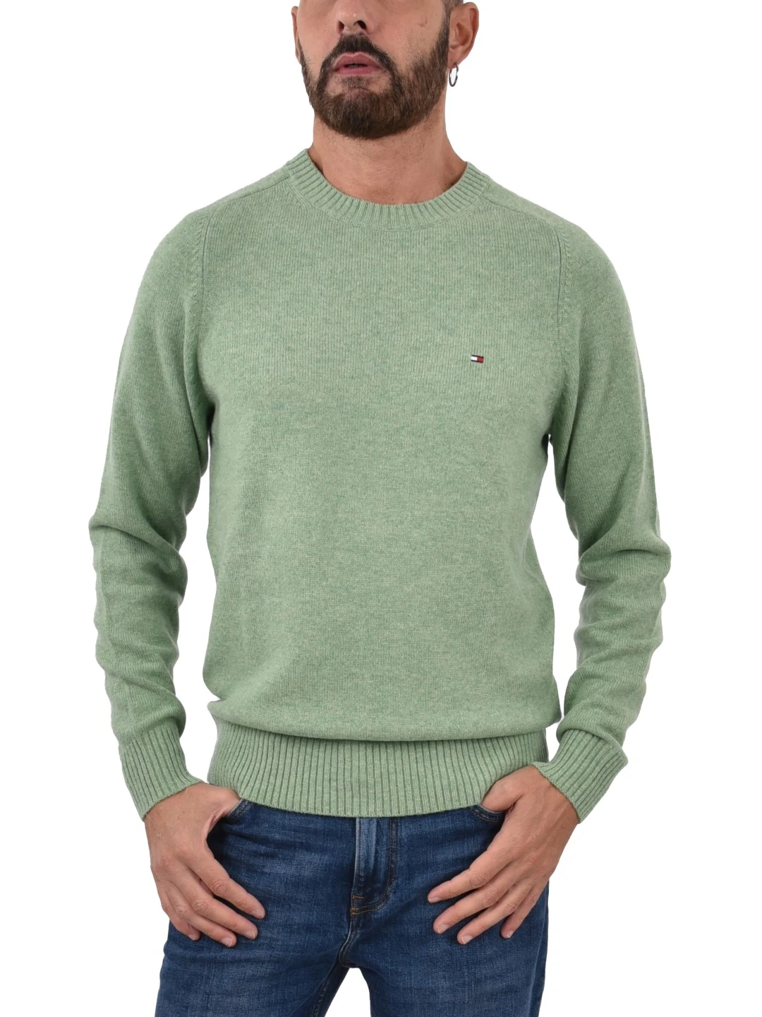 MAGLIA GIROCOLLO IN LANA CON BORDI A COSTE UOMO VERDE CHIARO