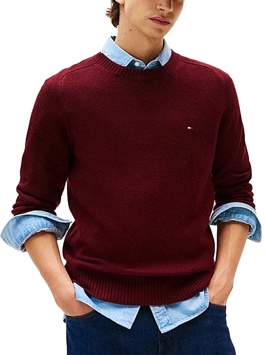 MAGLIA GIROCOLLO IN LANA CON BORDI A COSTE UOMO BORDEAUX