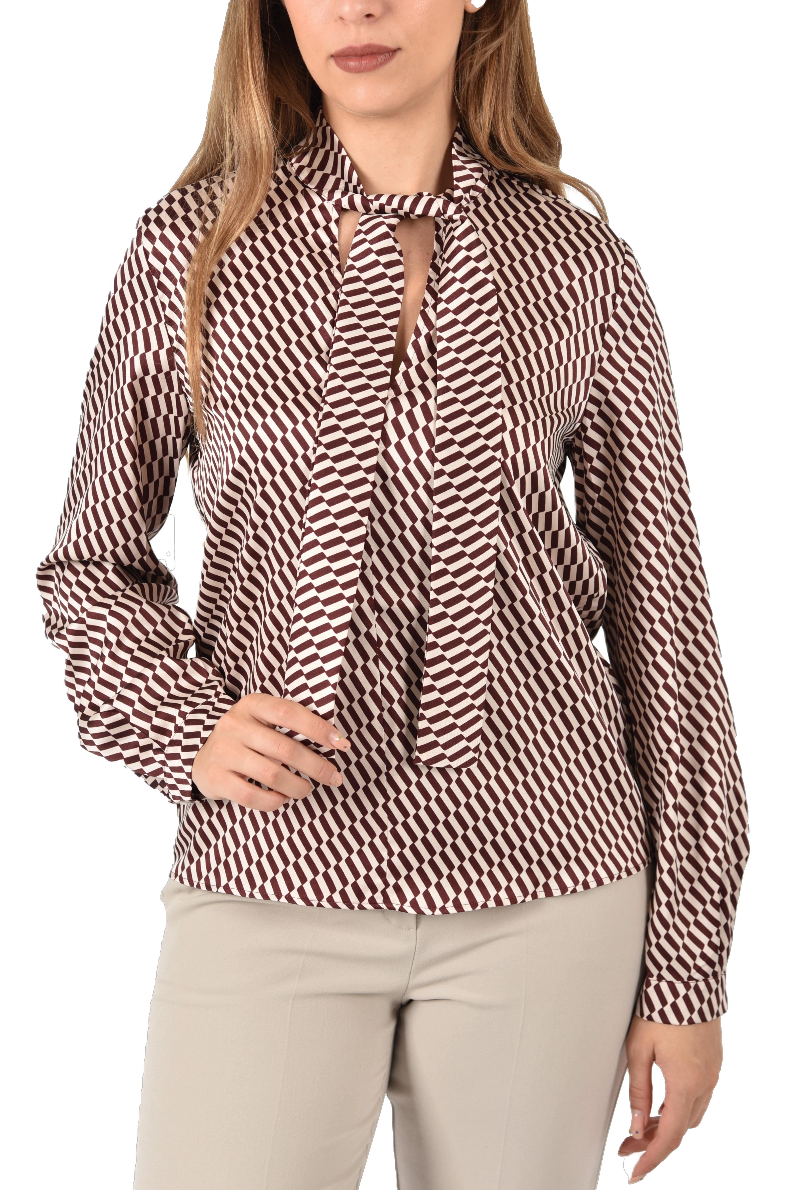 BLUSA CON STAMPA E SCOLLO A V DONNA BORDEAUX
