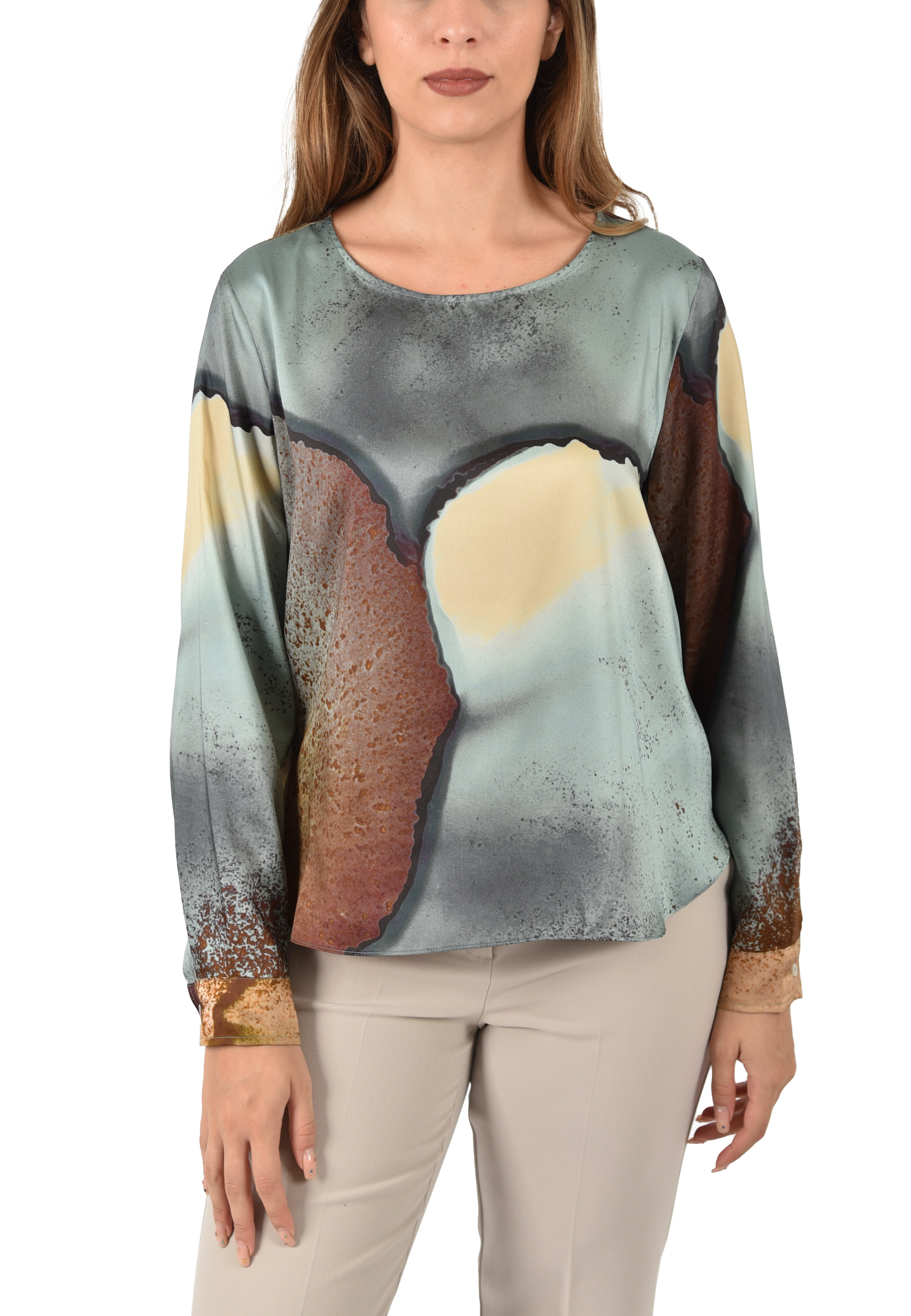 BLUSA STAMPATA CON SCOLLO A BARCHETTA DONNA CELESTE
