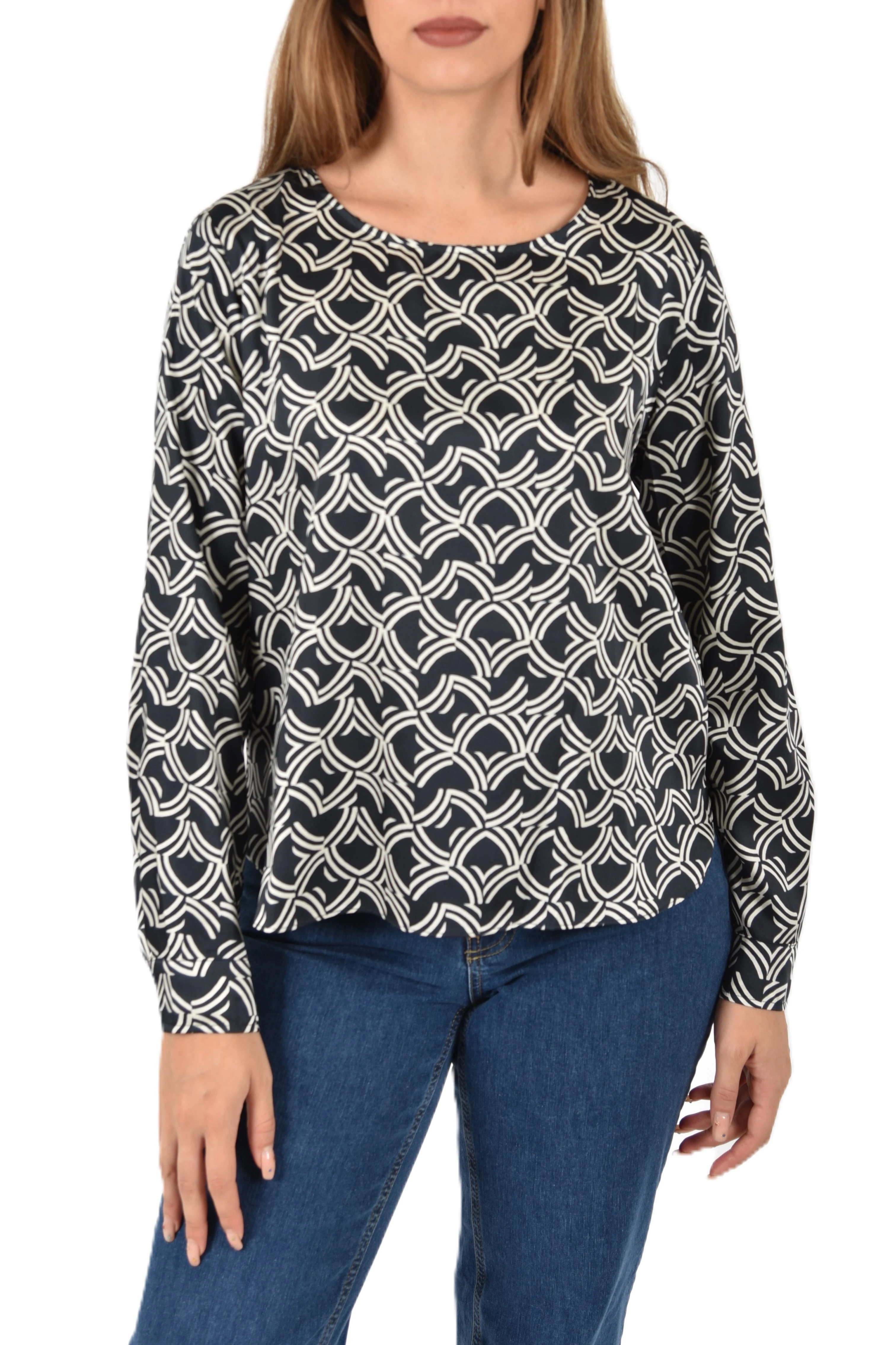 BLUSA STAMPATA CON SCOLLO A BARCHETTA DONNA BLU
