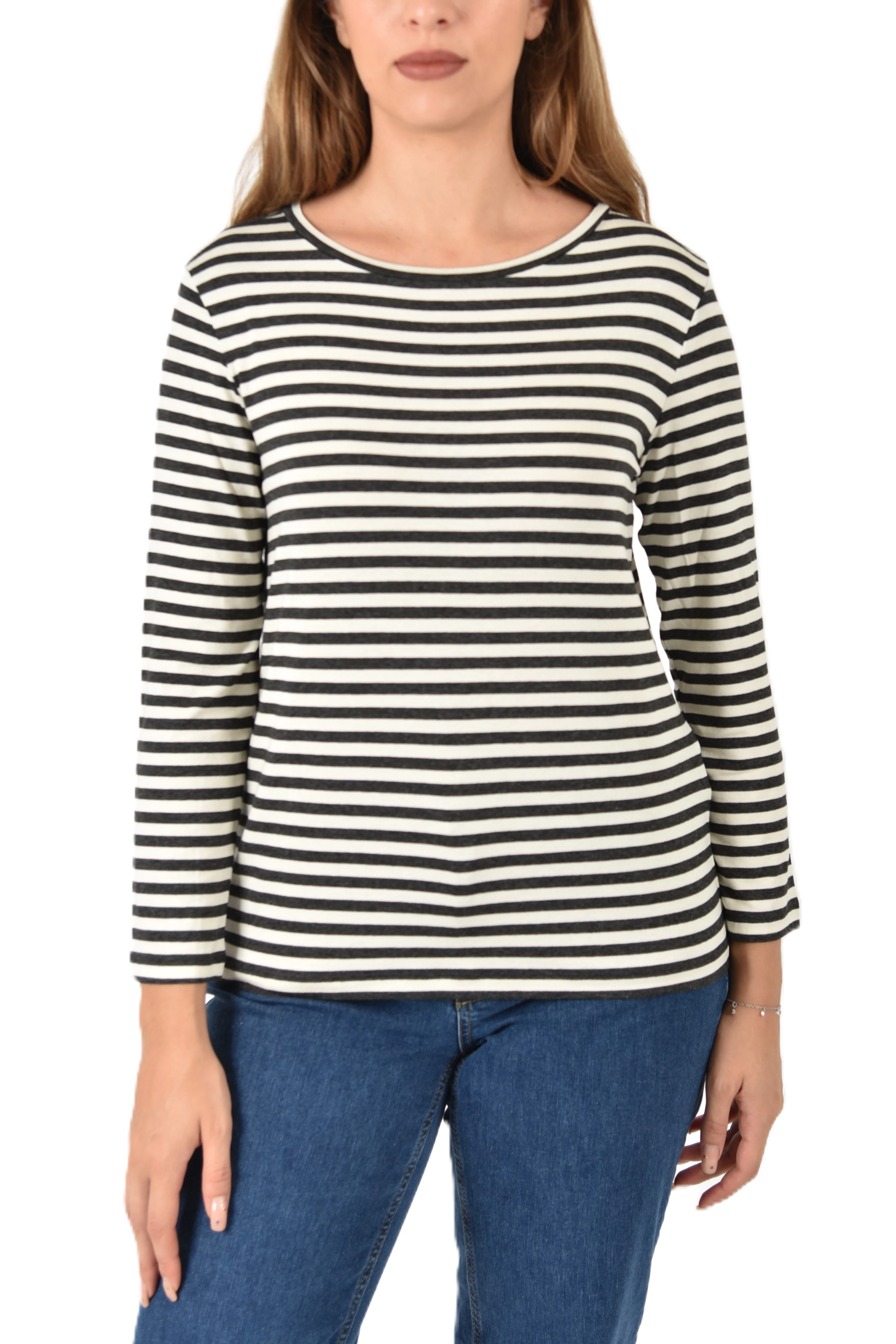 T-SHIRT IN JERSEY  MANICA LUNGA A RIGHE DONNA ANTRACITE