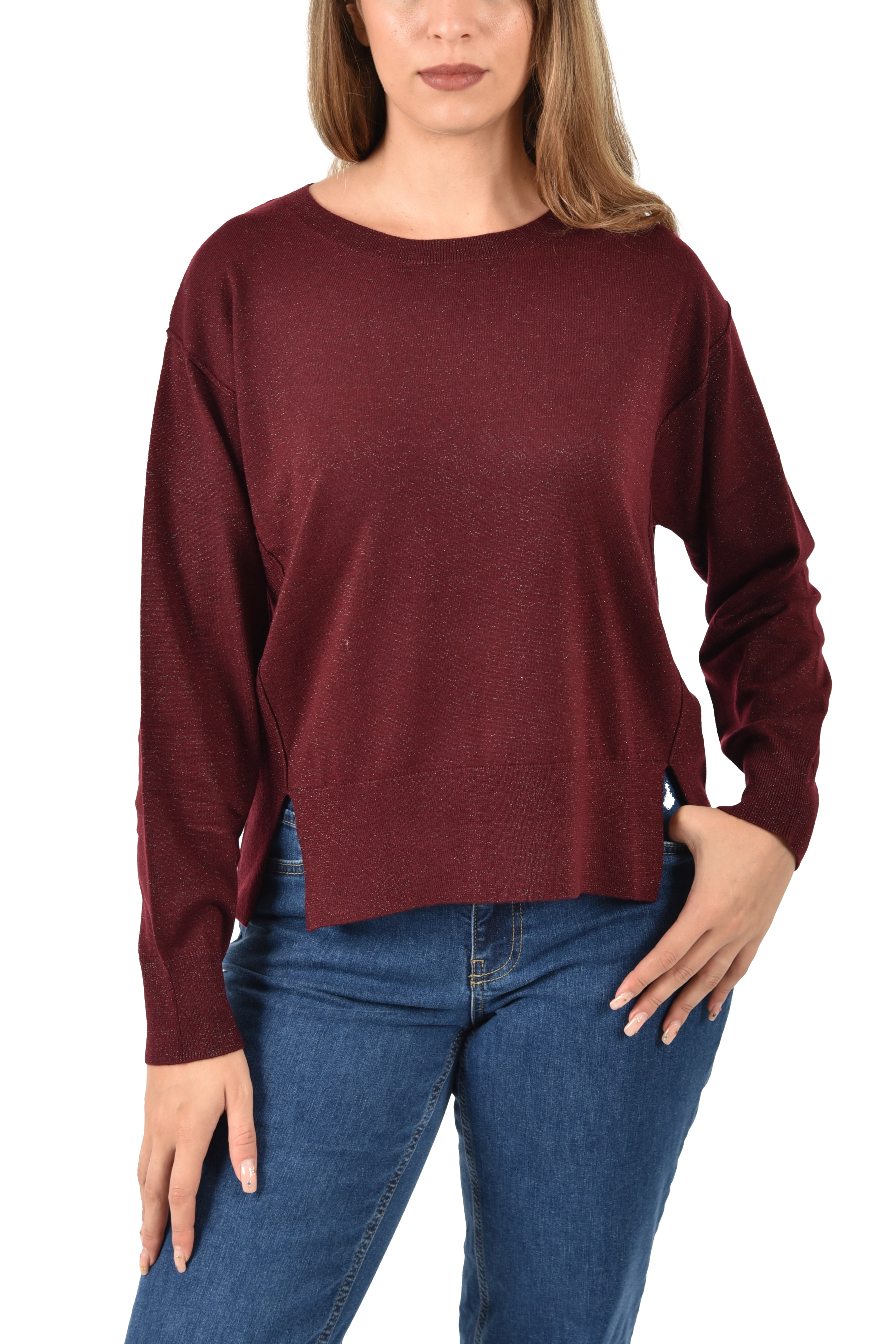 MAGLIA GIROCOLLO MISTO LANA E LUREX DONNA BORDEAUX