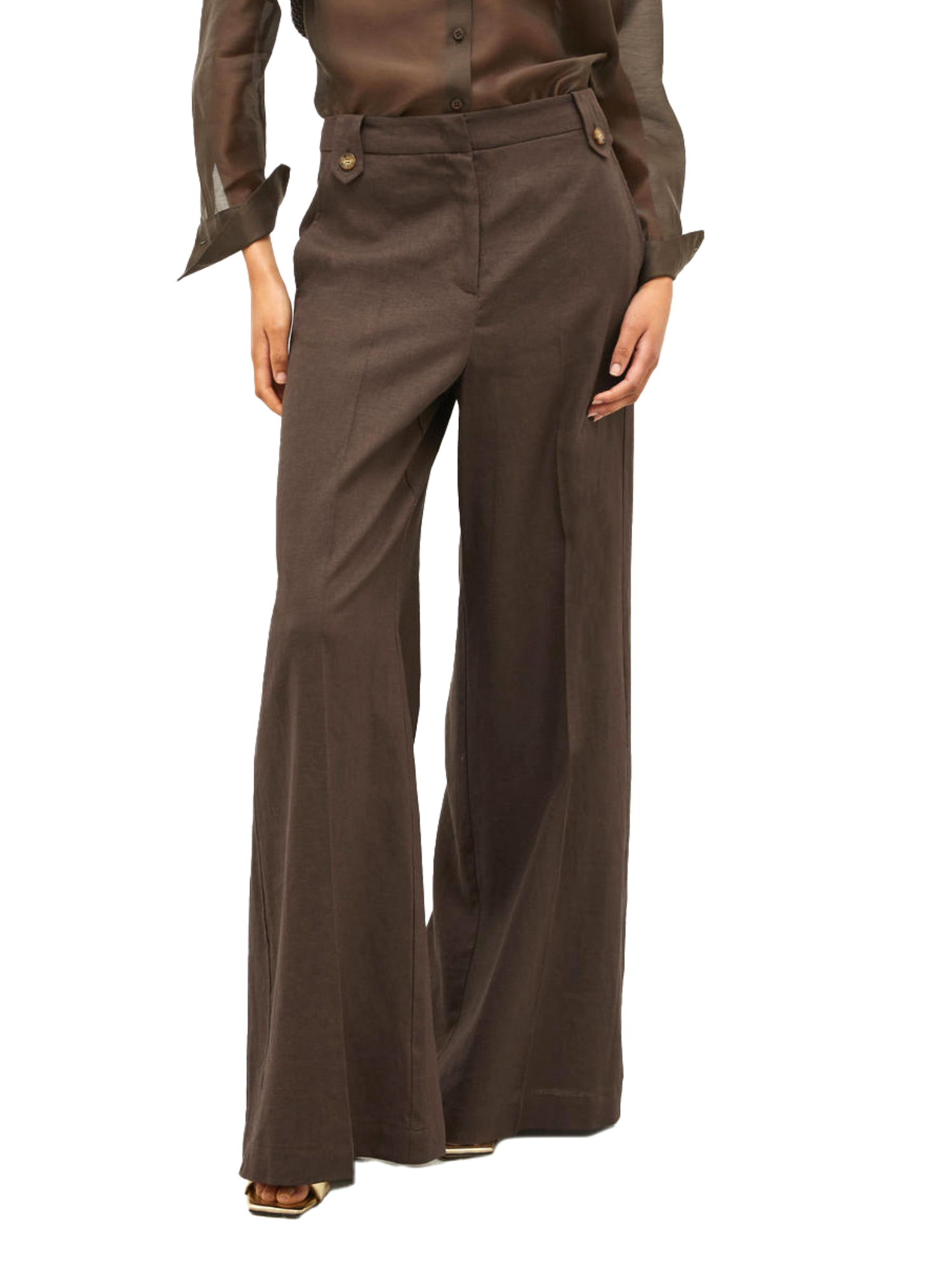 PANTALONI PALAZZO IN TELA DI LINO DONNA MARRONE