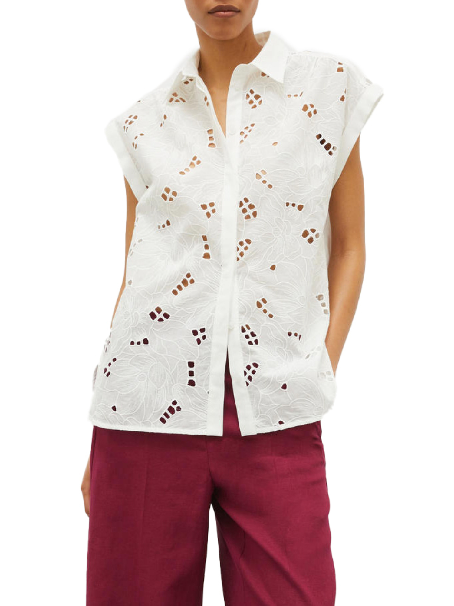 CAMICIA SMANICATA CON RICAMO SANGALLO DONNA BIANCO