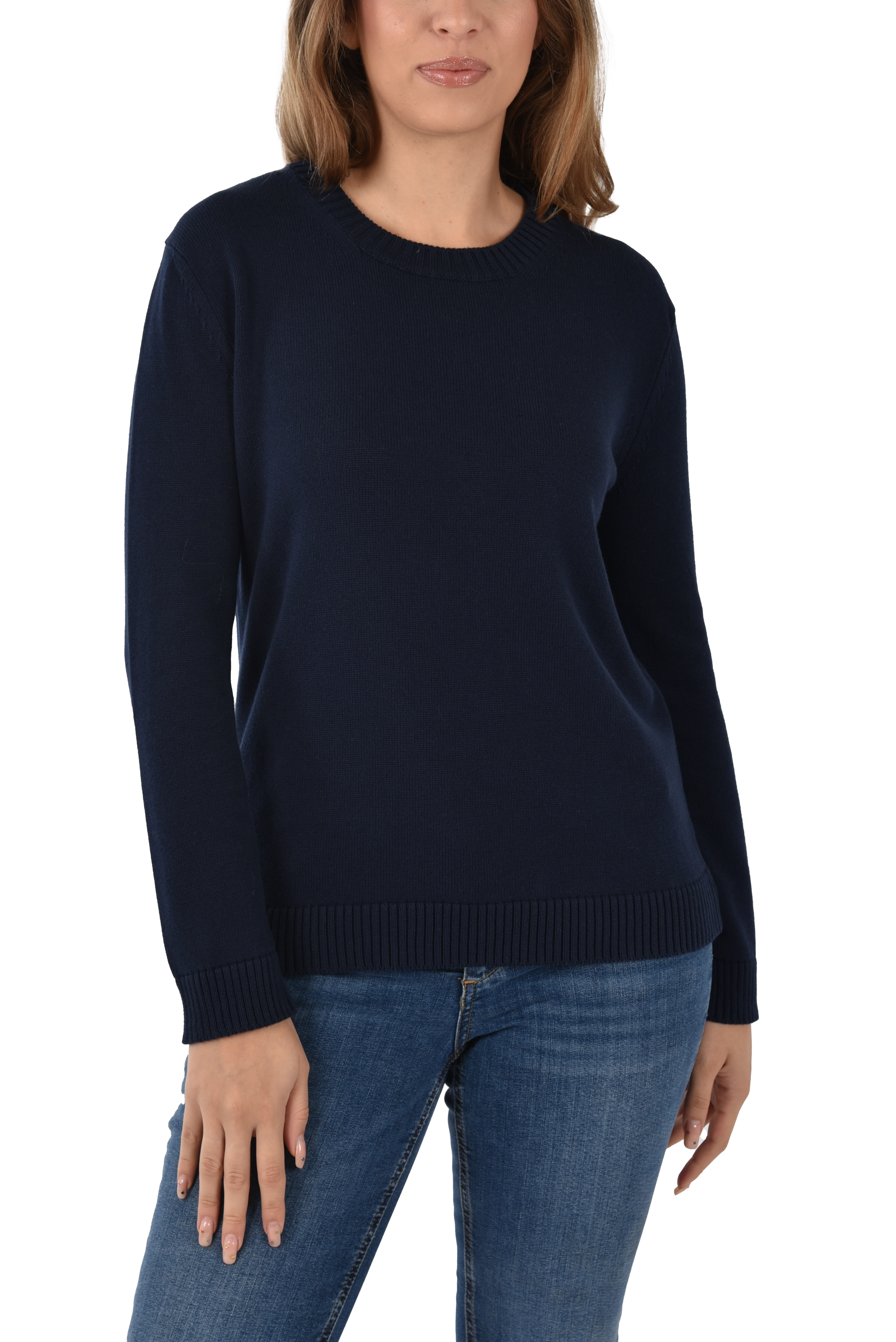 MAGLIA GIROCOLLO IN COTONE CON INTARSIO FLOREALE DONNA BLU
