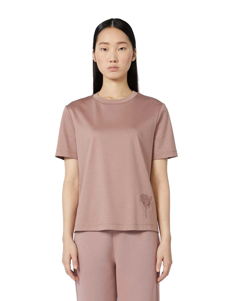 T-SHIRT MANICHE CORTE CON RICAMO FLOREALE DONNA ROSA