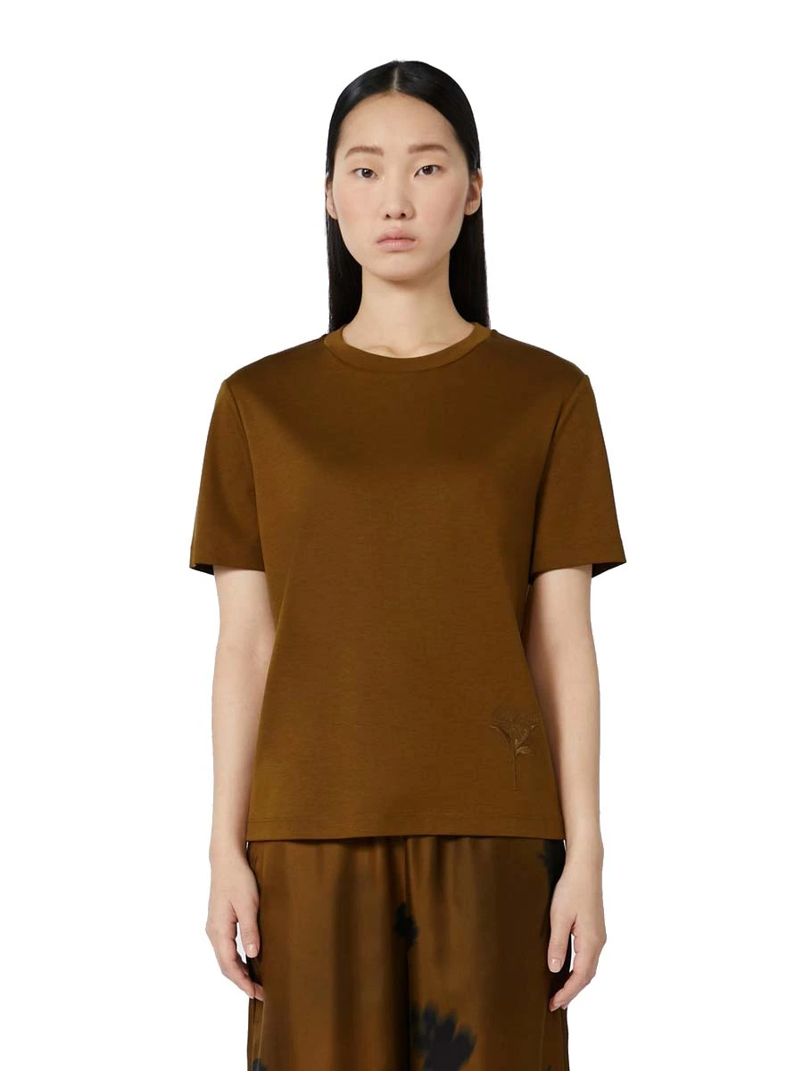T-SHIRT MANICHE CORTE CON RICAMO FLOREALE DONNA CUOIO