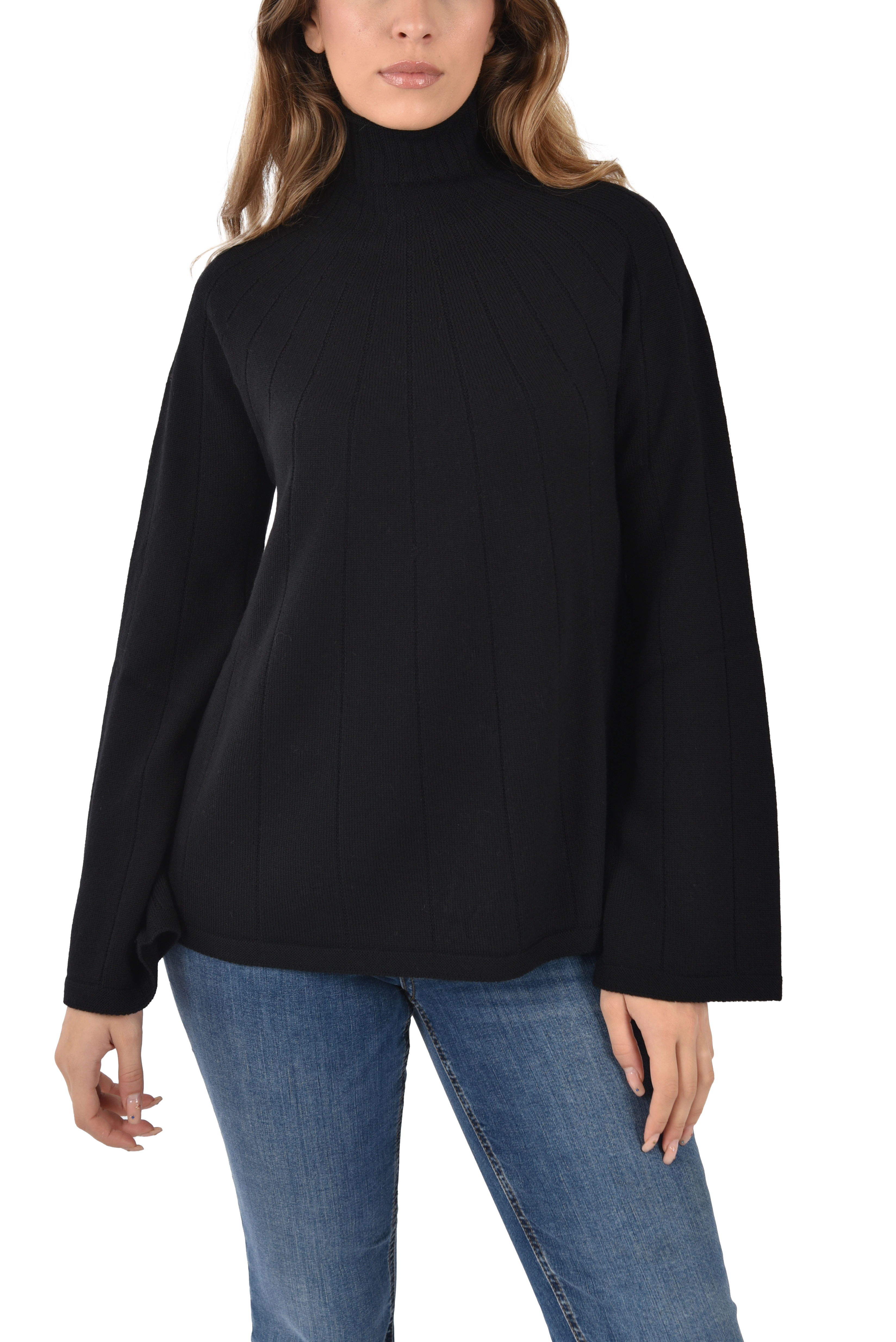 MAGLIA DOLCEVITA IN LANA CON LAVORAZIONE A COSTE DONNA NERO