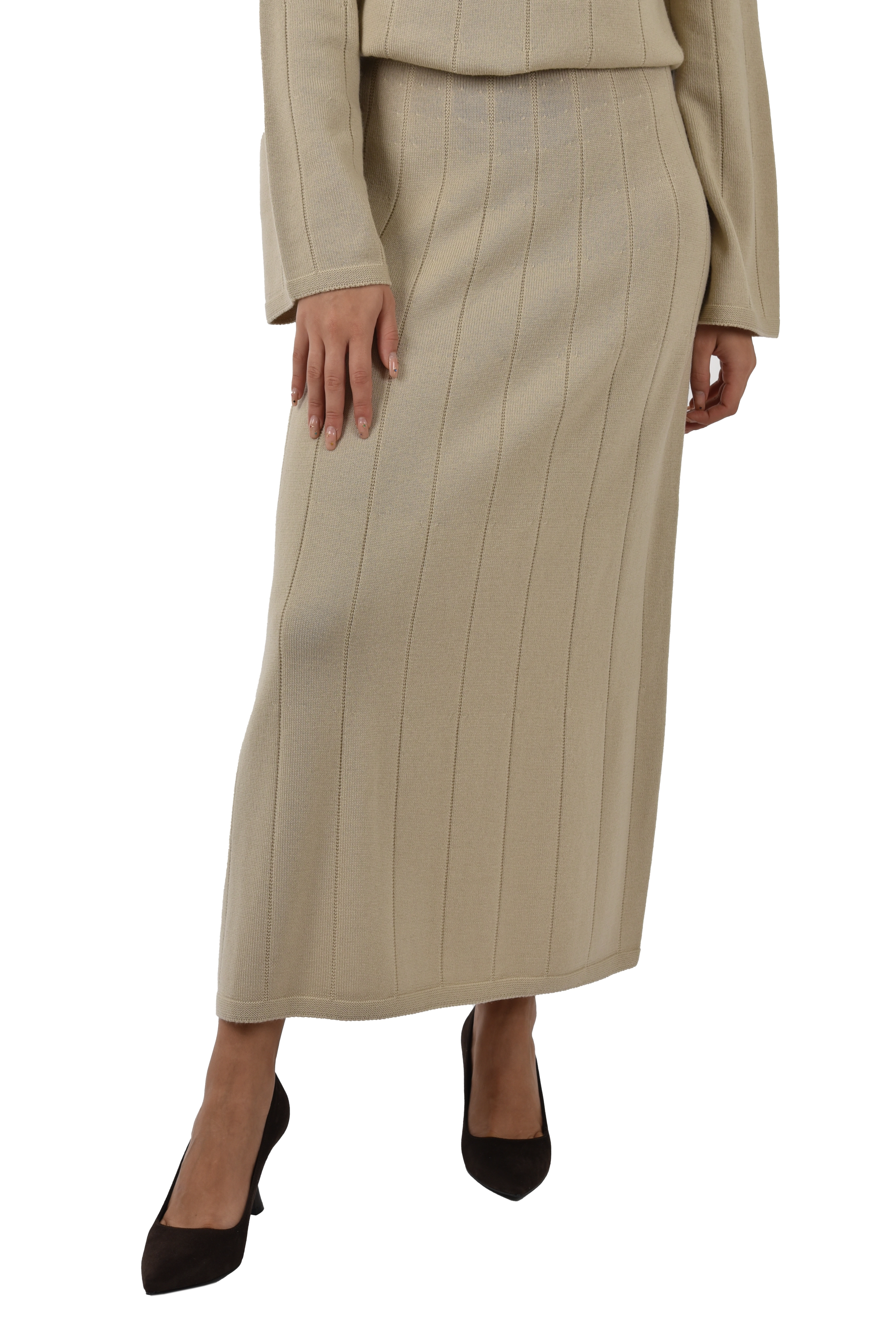 GONNA LUNGA IN MAGLIA CON LAVORAZIONE A COSTE DONNA BEIGE
