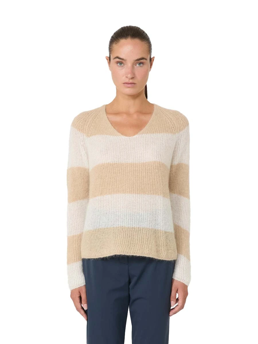 MAGLIA CON SCOLLO A V CON FANTASIA A RIGHE DONNA BEIGE