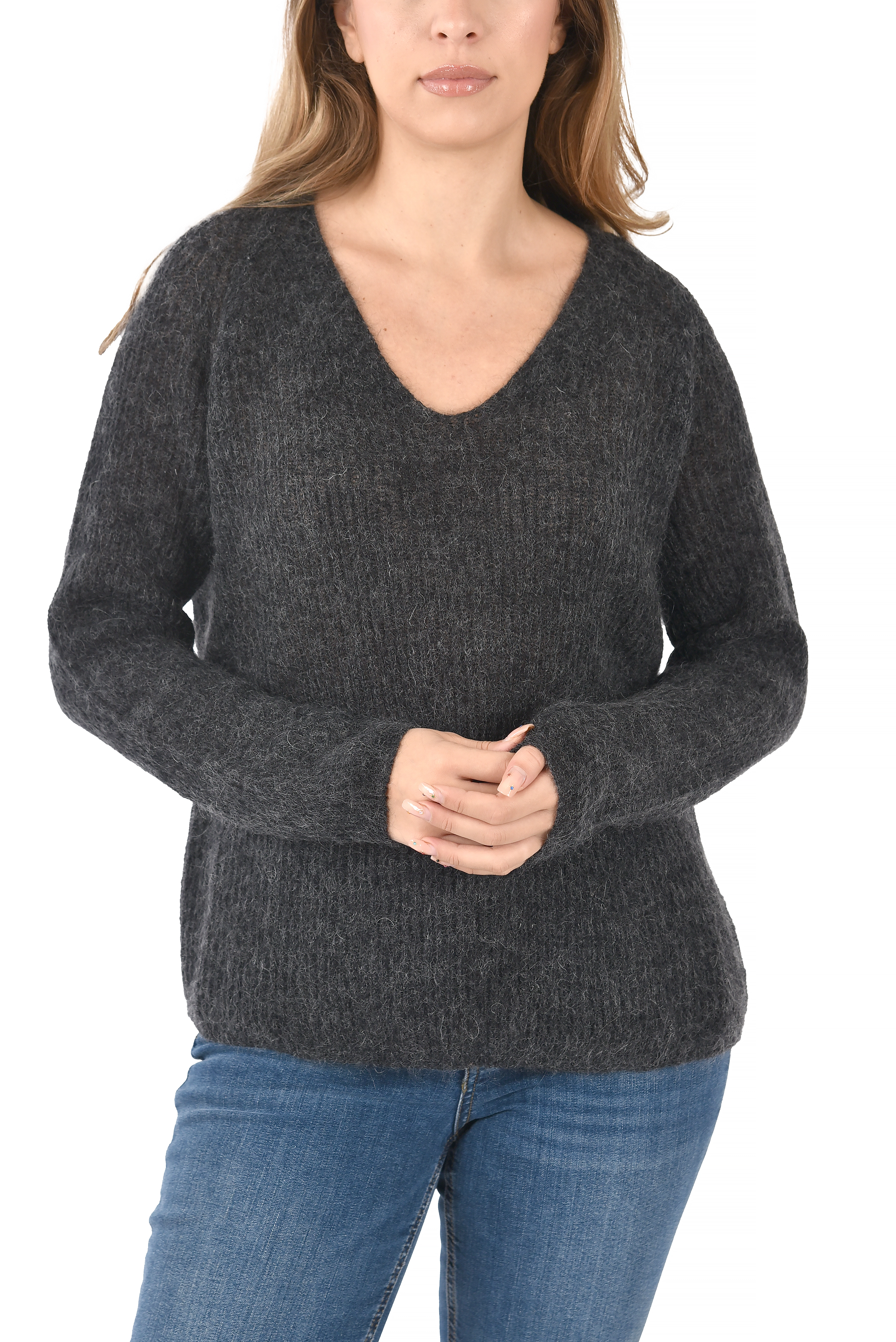 MAGLIA IN MISTO MOHAIR  CON SCOLLO A V DONNA GRIGIO