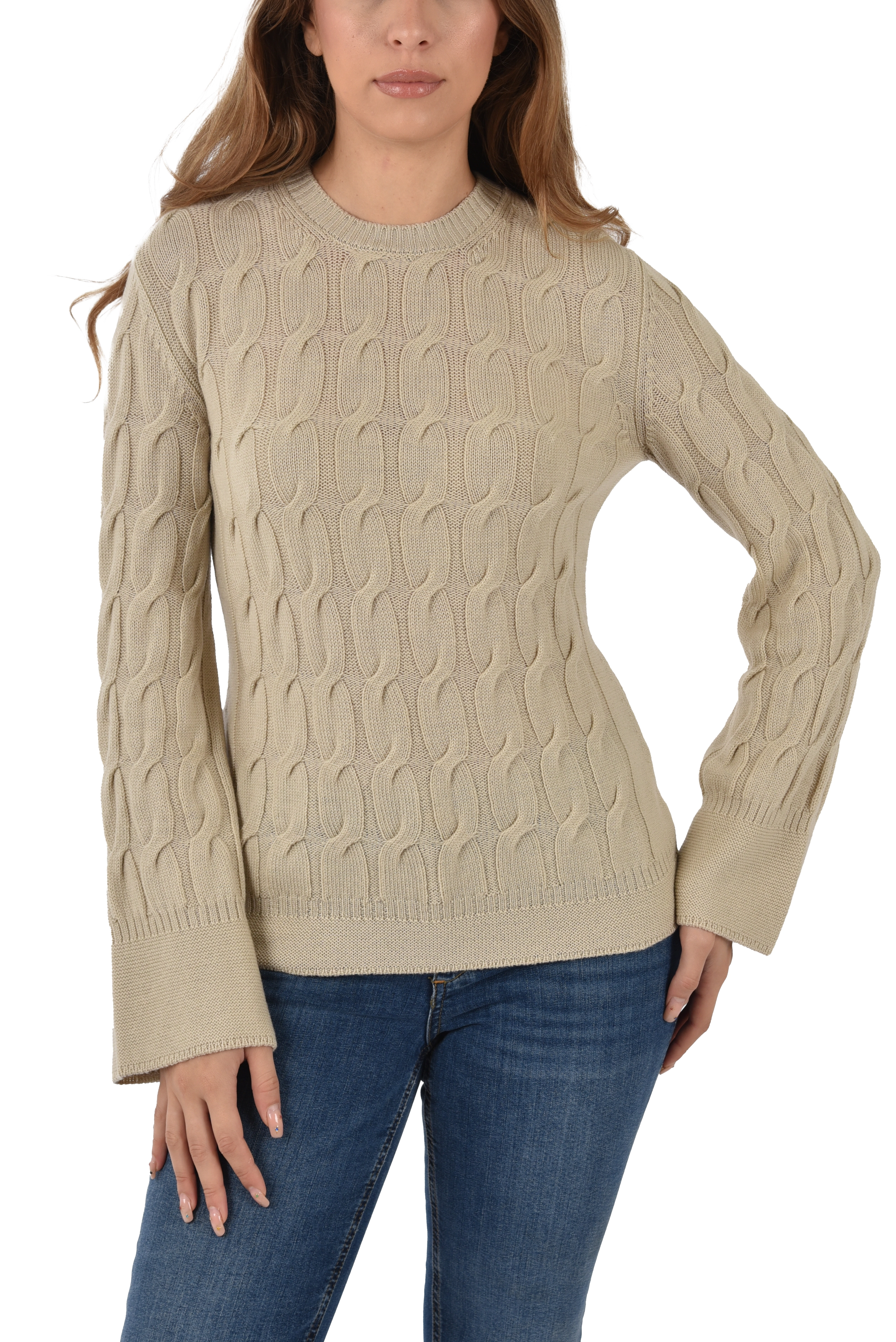 MAGLIA IN LANA CON LAVORAZIONE A TRECCE  DONNA BEIGE