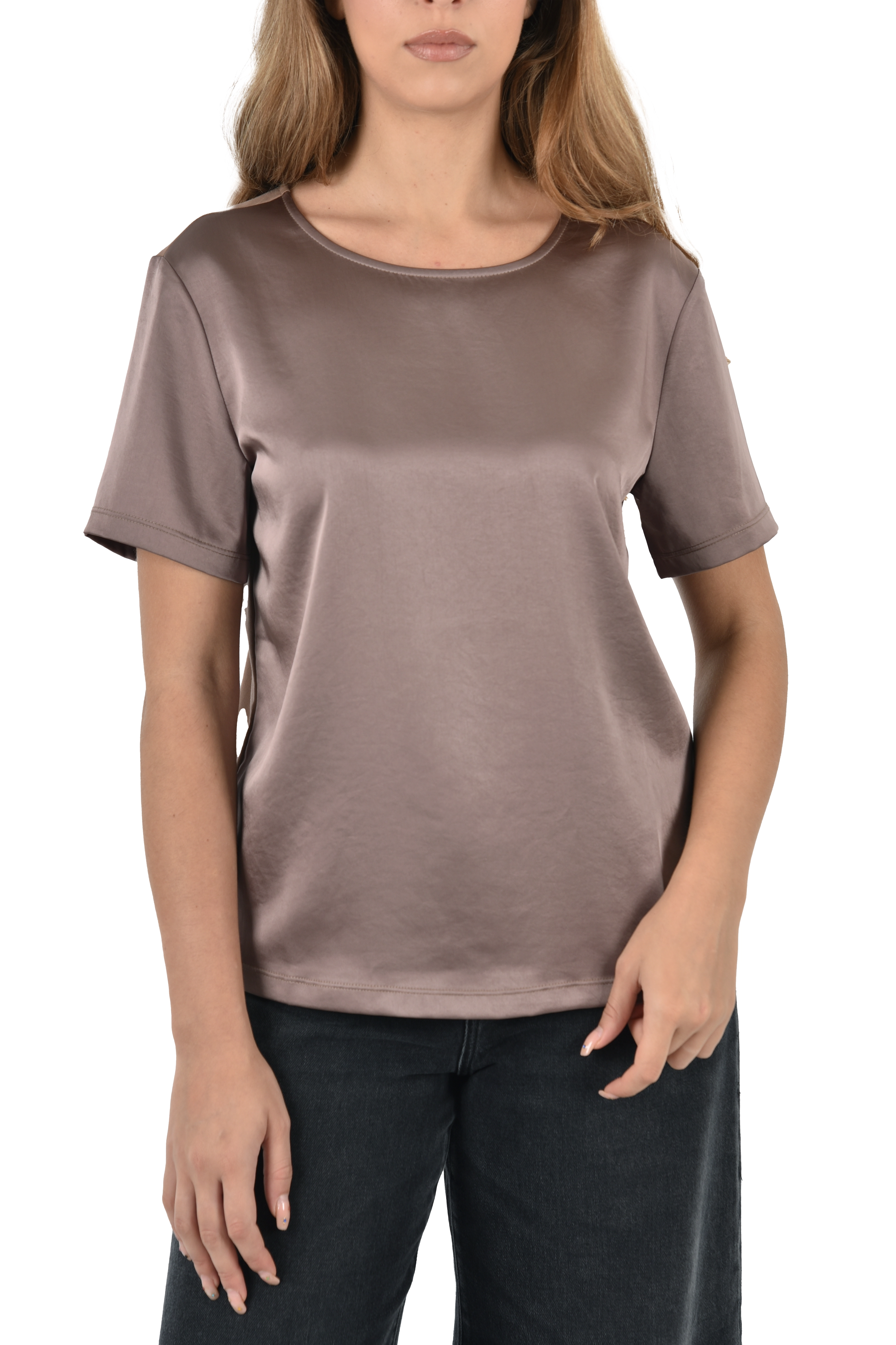 T-SHIRT MANICA CORTA IN RASO GIROCOLLO DONNA MARRONE