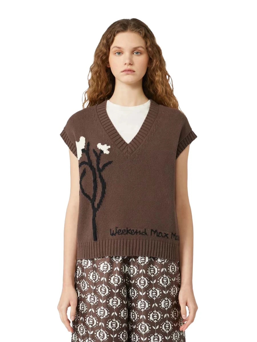 GILET CON SCOLLO A V IN MISTO COTONE DONNA MARRONE