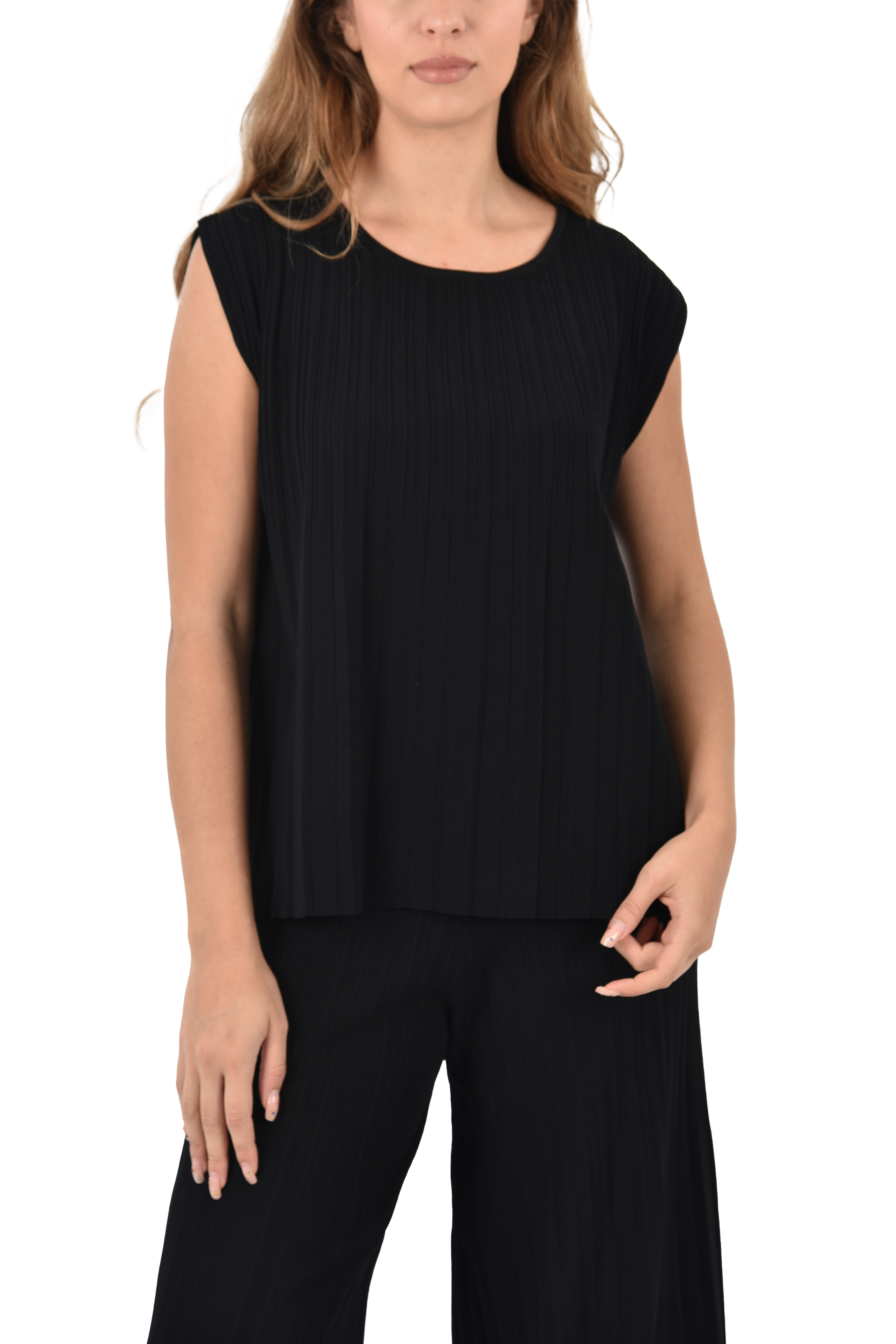 T-SHIRT MANICA CORTA  CON PIEGHE PLISSETTATA DONNA NERO