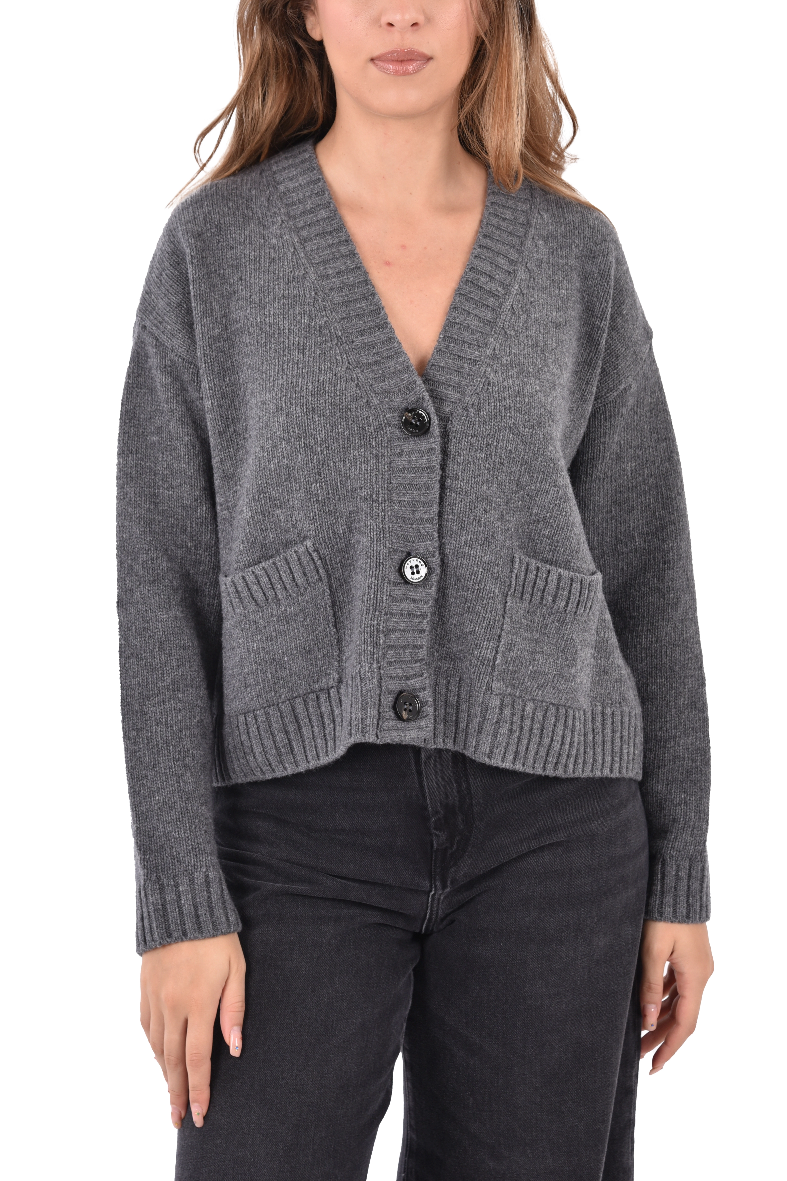 CARDIGAN IN PURA LANA CON TASCHE APPLICATE DONNA ANTRACITE