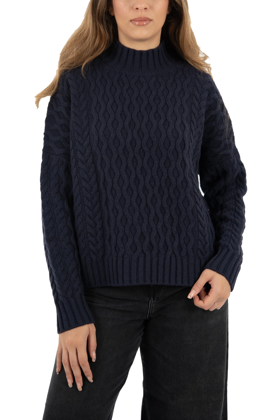 MAGLIA DOLCEVITA IN LANA CON LAVORAZIONE A TRECCE DONNA BLU