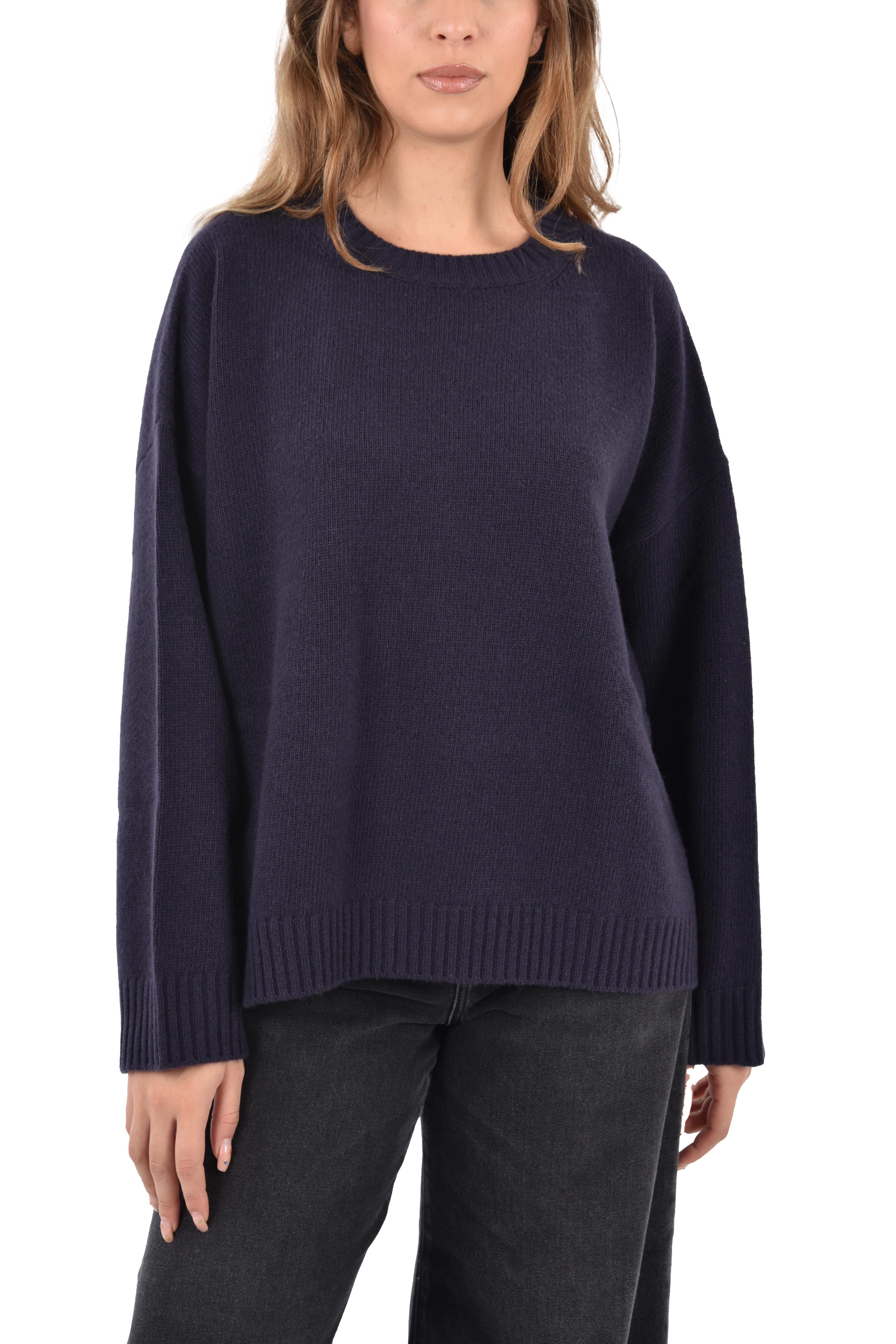 MAGLIA GIROCOLLO IN PURA LANA CON BORDI RIFINITI DONNA BLU