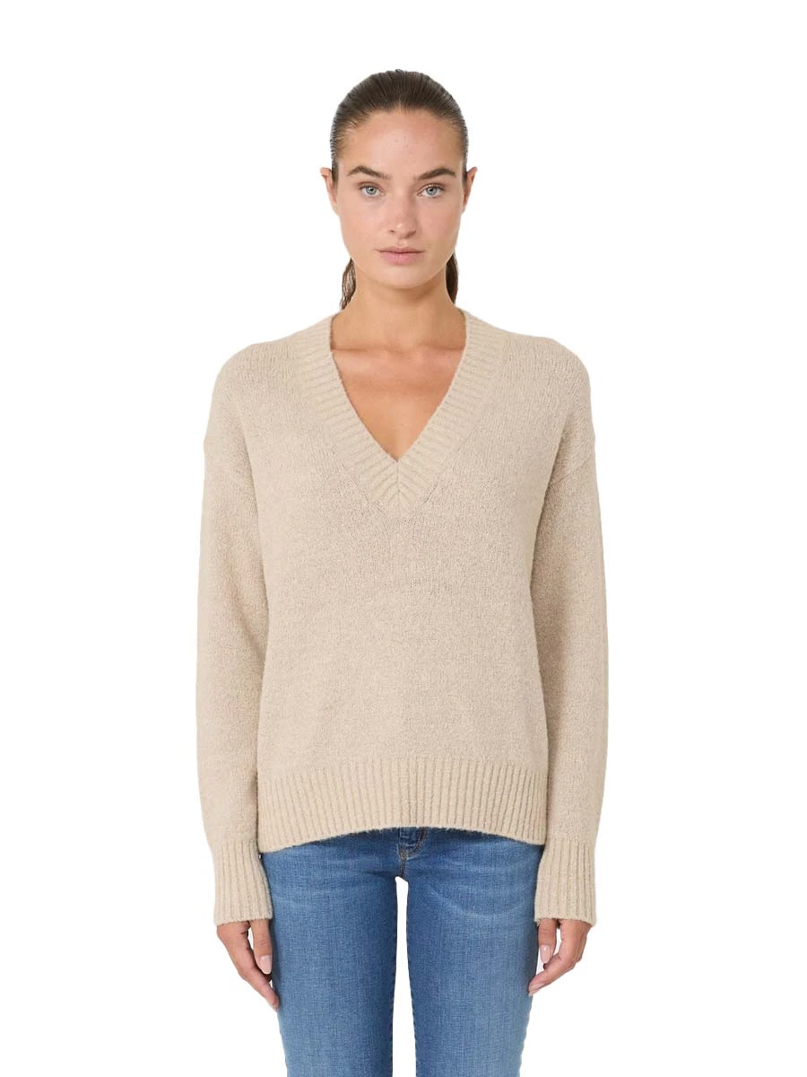 MAGLIA SCOLLO A V CON BORDI RIFINITI A COSTE DONNA BEIGE